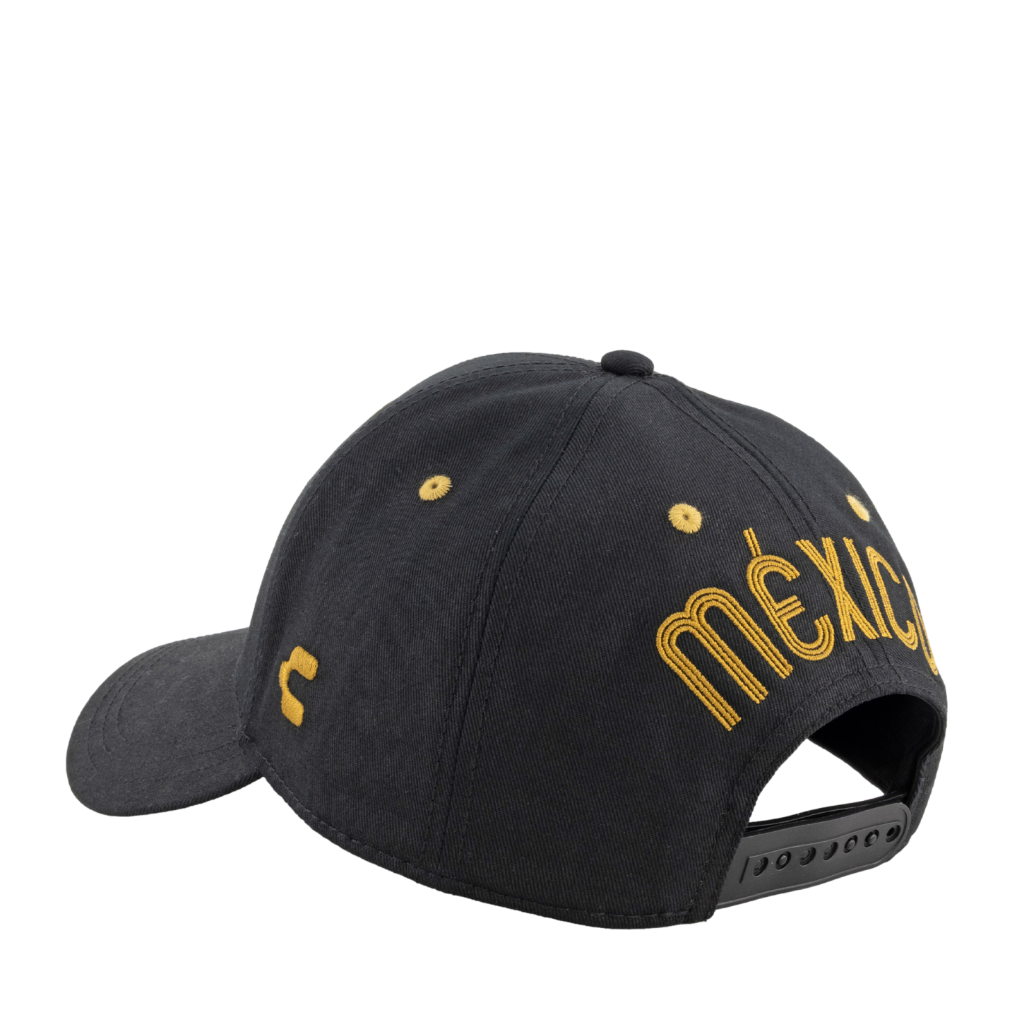 Rear view of a black baseball cap with gold "MÉXICO" embroidery in a stylized font, yellow eyelets, and a black snapback strap.