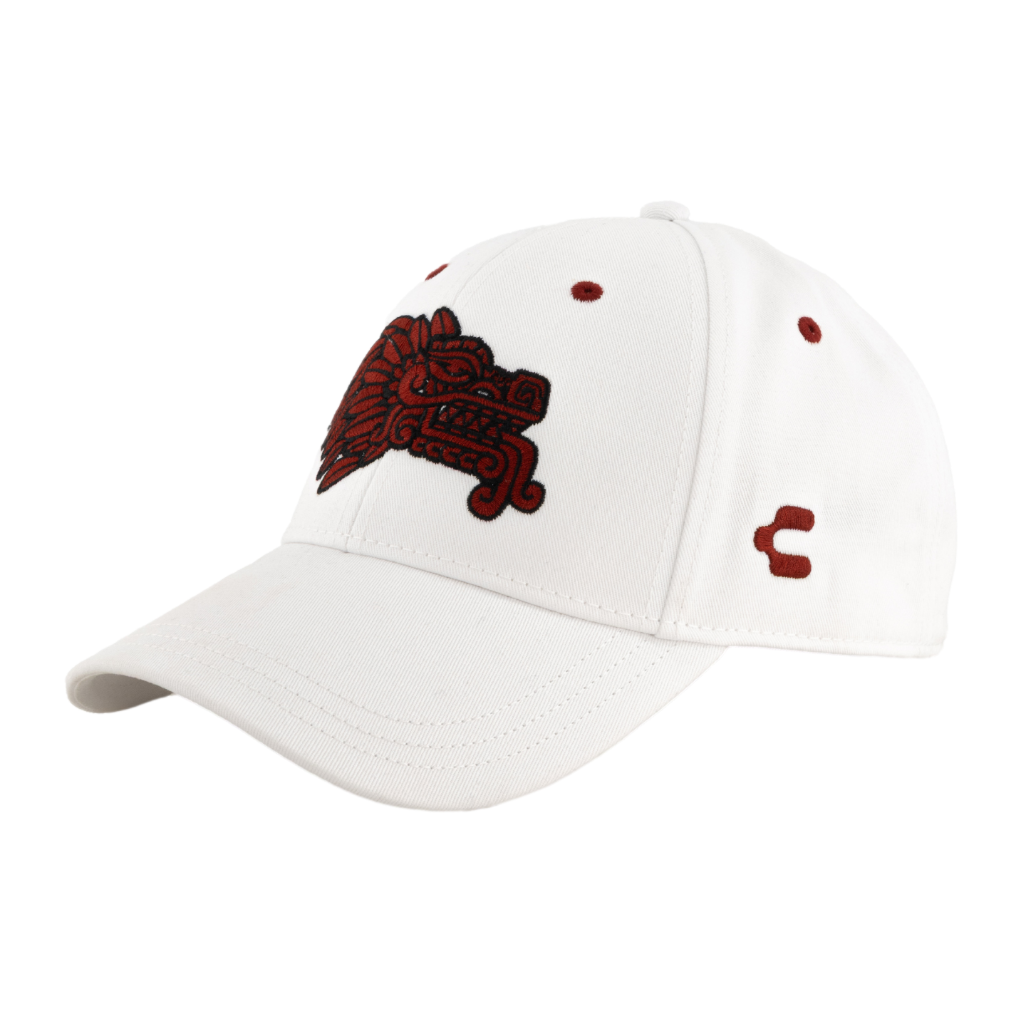 White baseball cap featuring an embroidered maroon Aztec-style dog head on the front and a small red logo on the side.