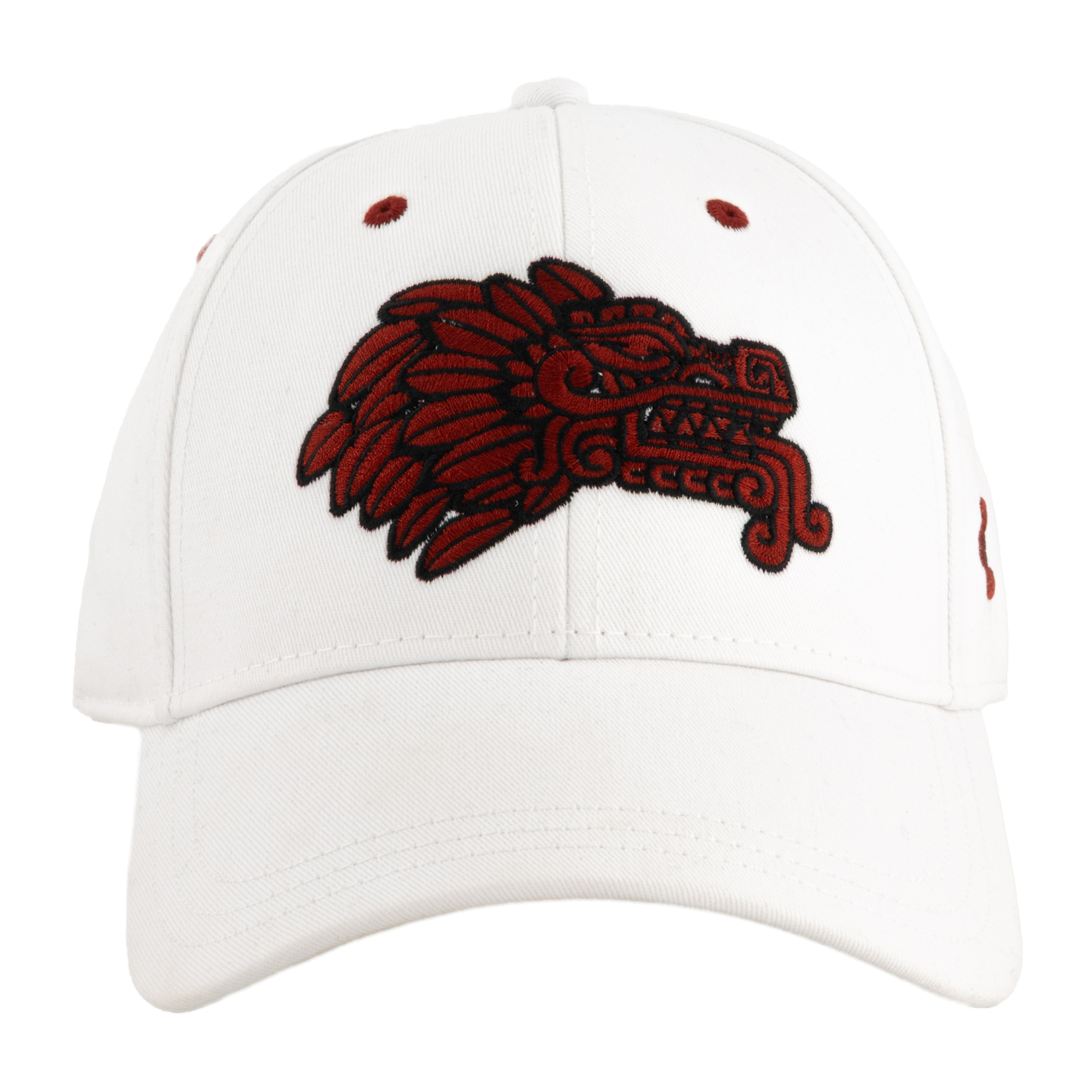 A white baseball cap featuring a large, red and black embroidered Aztec feathered serpent head on the front.