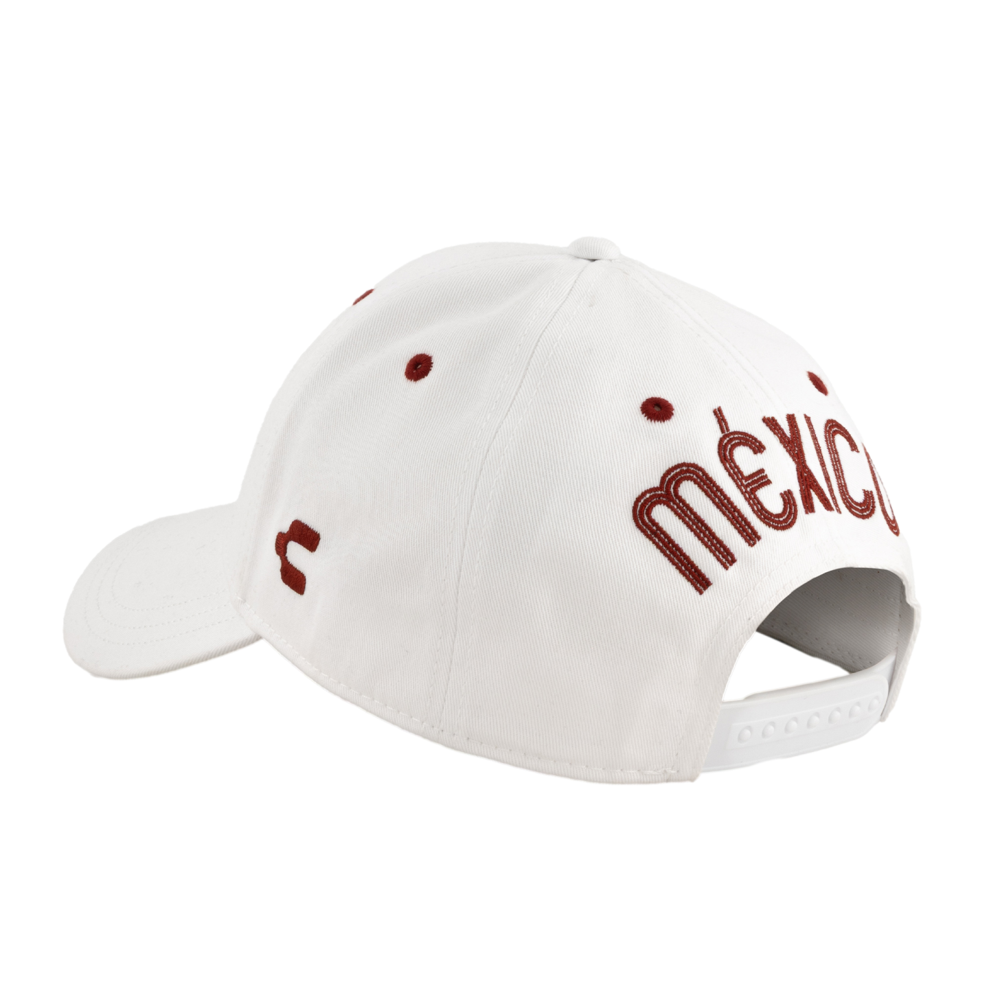White baseball cap with 'MÉXICO' embroidered in maroon on the back and a white snapback closure, against a black background.