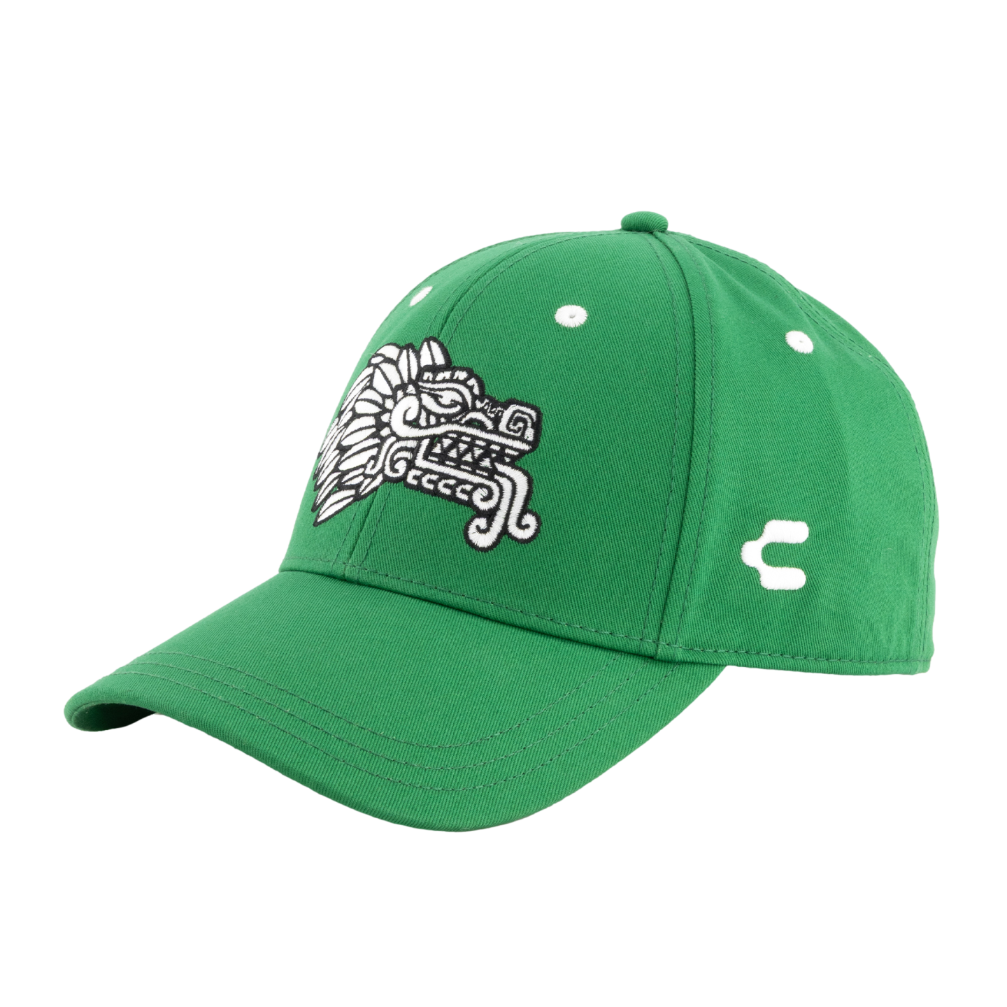 Green baseball cap featuring a white and black embroidered Aztec feathered serpent on the front and a small white sportswear logo on the side, isolated against a black background.
