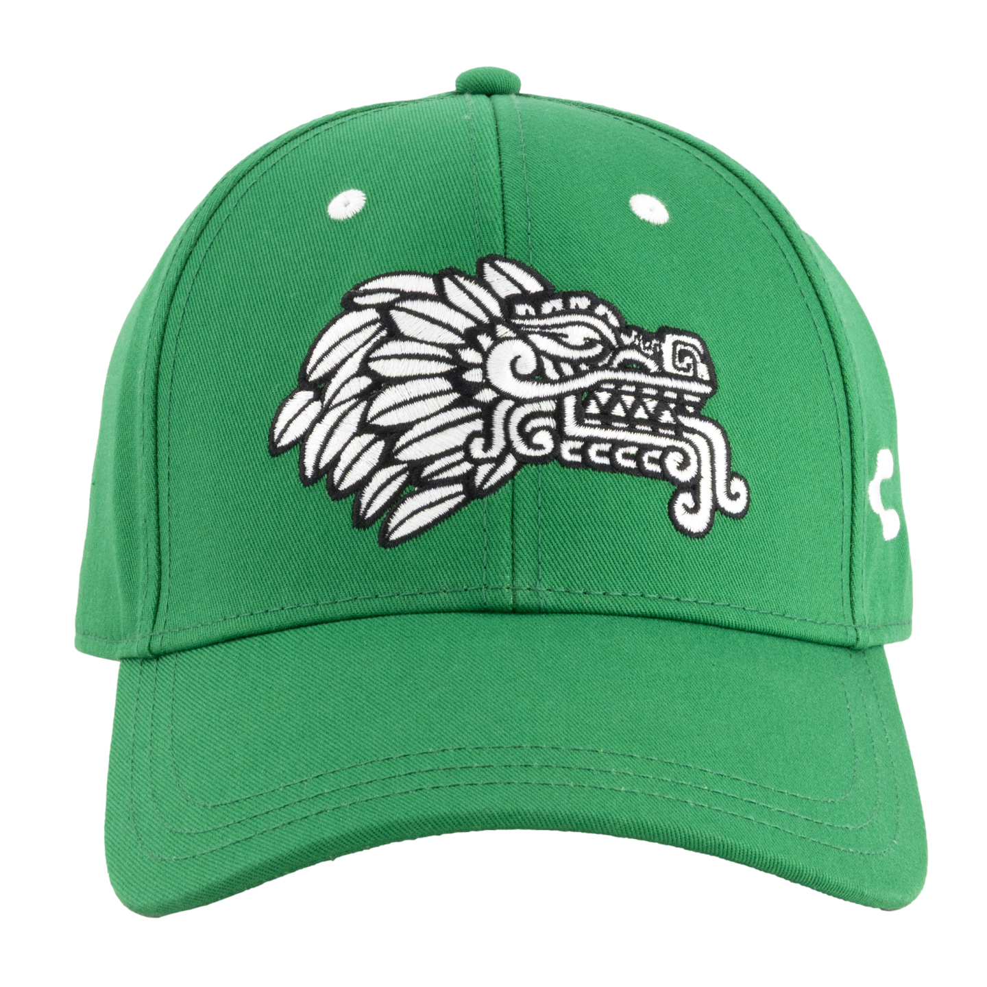 Green baseball cap featuring a white and black embroidered Aztec-style feathered serpent on the front.