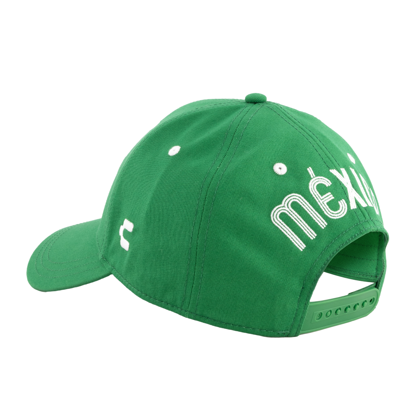 Green baseball cap featuring stylized white 'MEXICO' lettering and a matching snapback closure, shown from a rear-side angle against a black background.