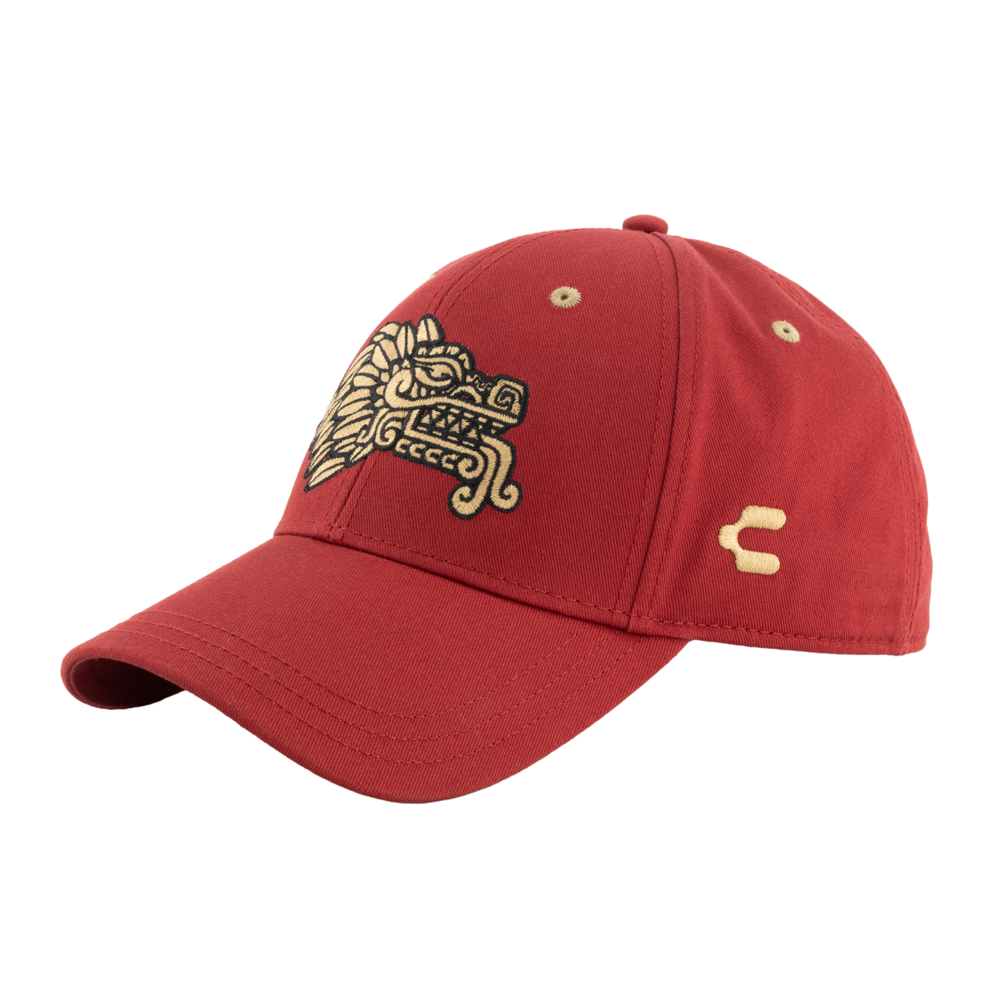 Red baseball cap featuring a gold embroidered Aztec serpent logo on the front and a small gold side logo, shown against a black background.