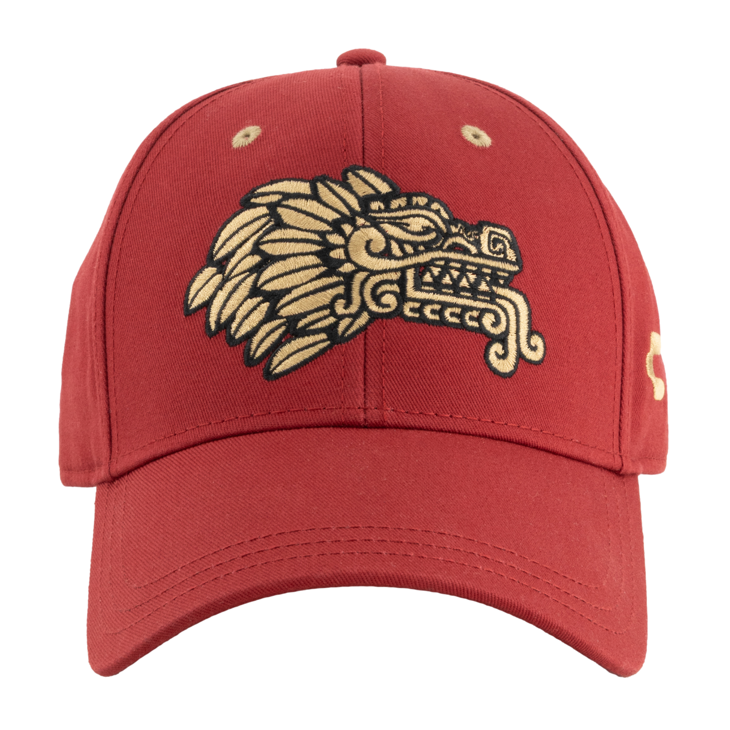 Red baseball cap featuring a gold and black embroidered Aztec-style plumed serpent logo on the front center.