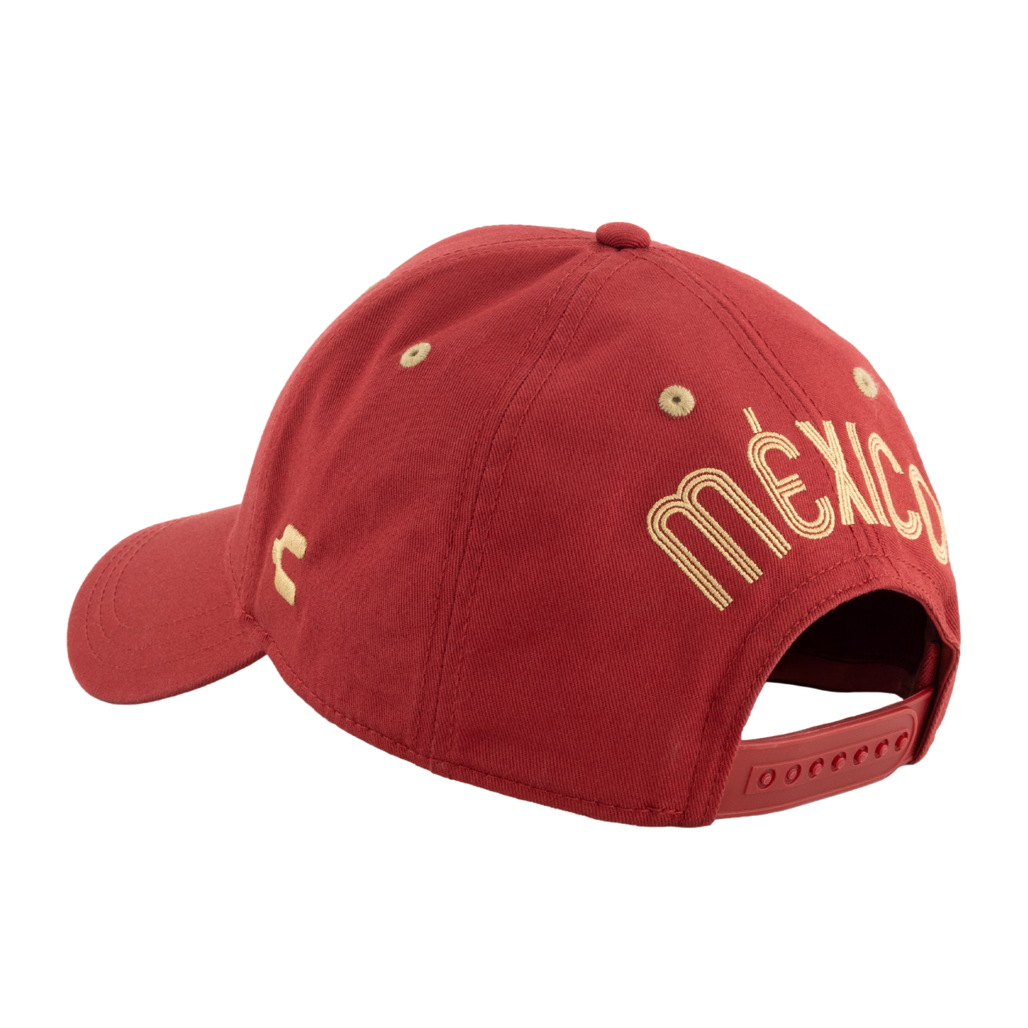 Red baseball cap featuring gold-embroidered "México" text on the back, tan eyelets, and an adjustable snapback closure, shown from a rear-quarter angle.