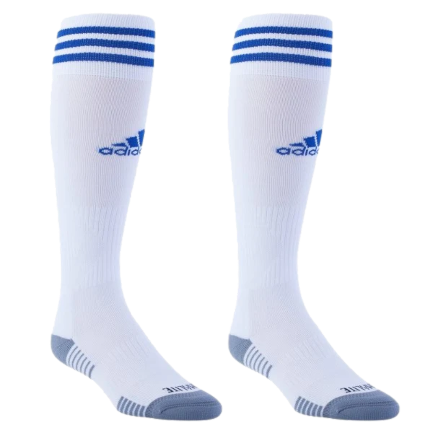 White knee-high Adidas athletic socks with blue stripes at the cuff, blue logos on the shins, and grey-reinforced heels and toes.