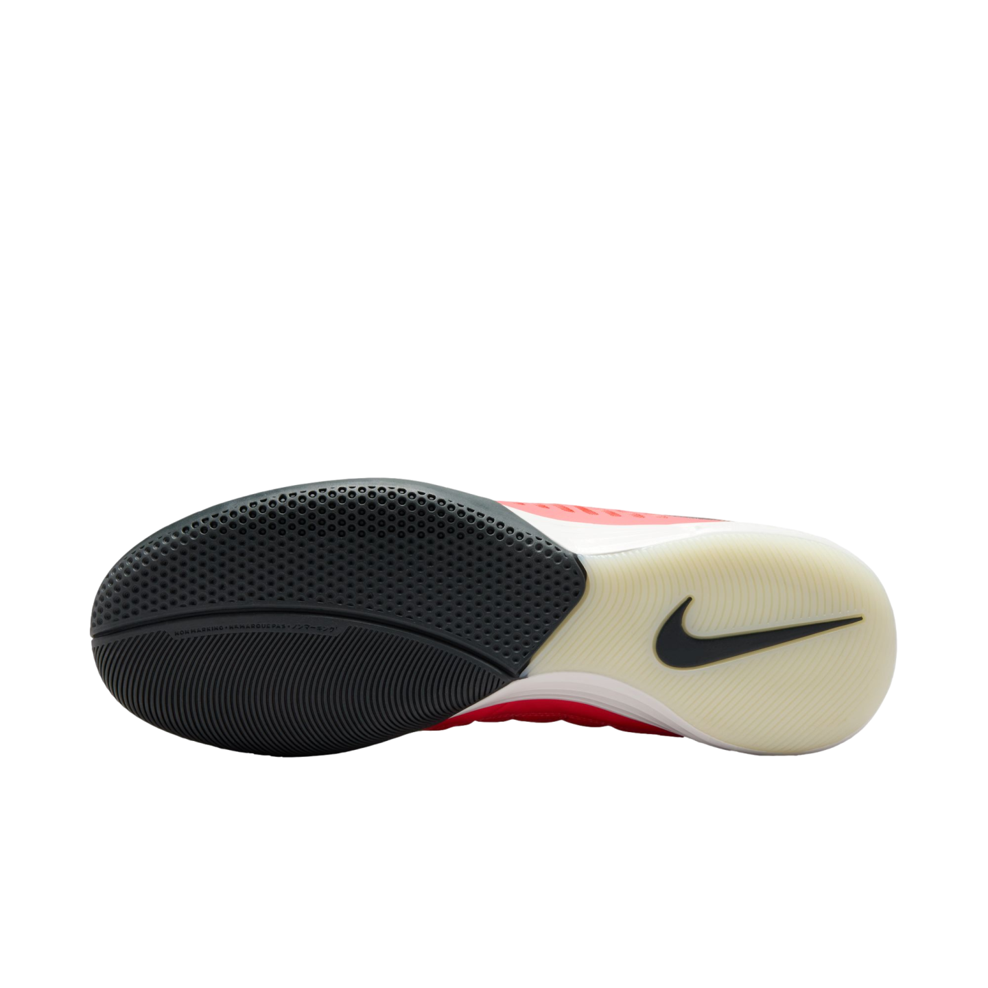 Bottom view of a Nike shoe featuring a black textured forefoot and a translucent off-white heel with a black swoosh logo.