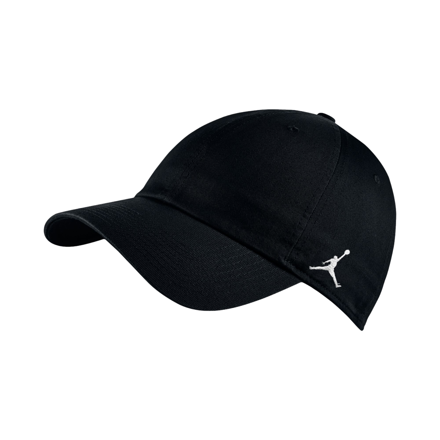 A black Jordan brand baseball cap with a small white Jumpman logo embroidered on the side, shown at an angle against a plain white background.