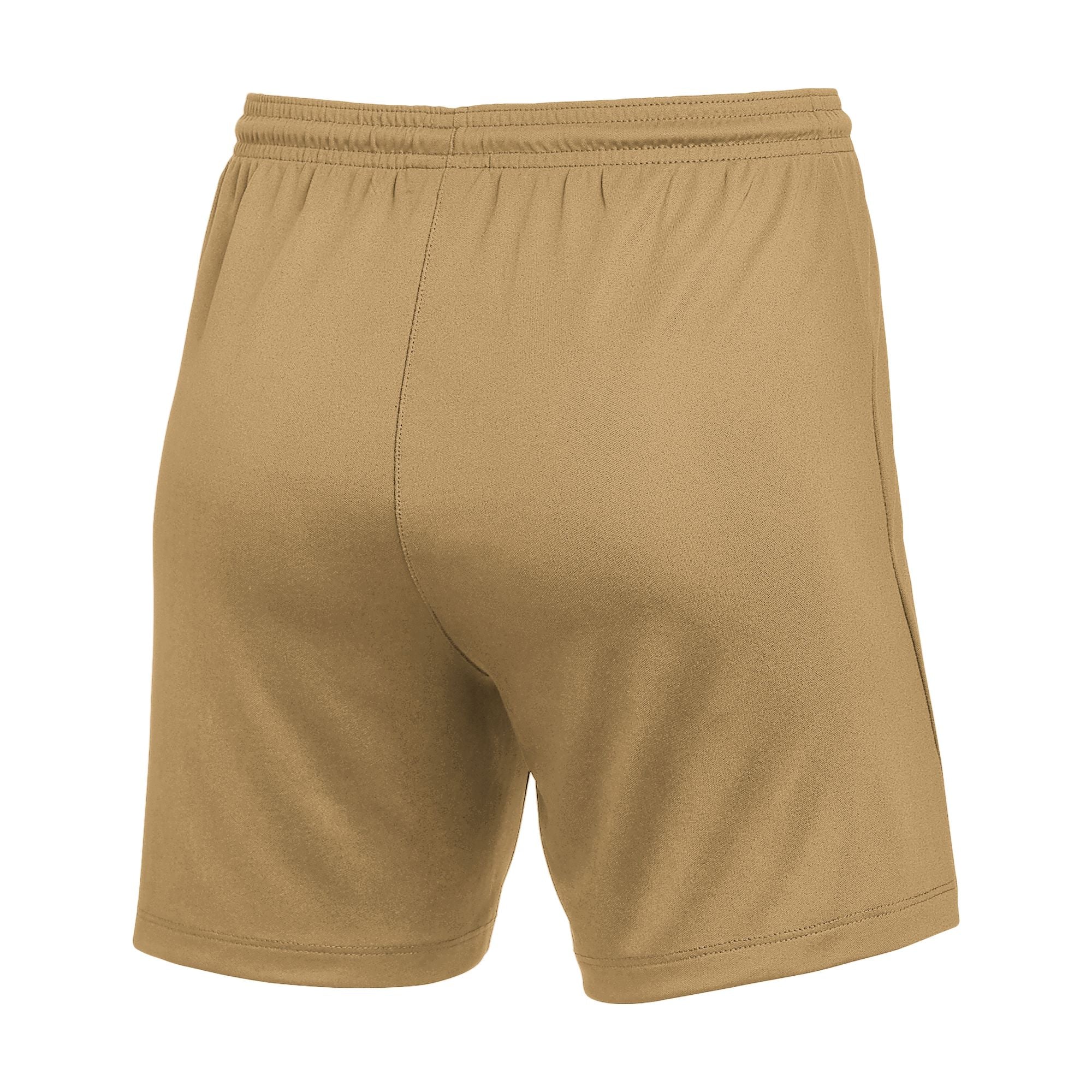 Rear view of a pair of gold-colored athletic shorts featuring an elastic waistband, a center back seam, and finished hems.