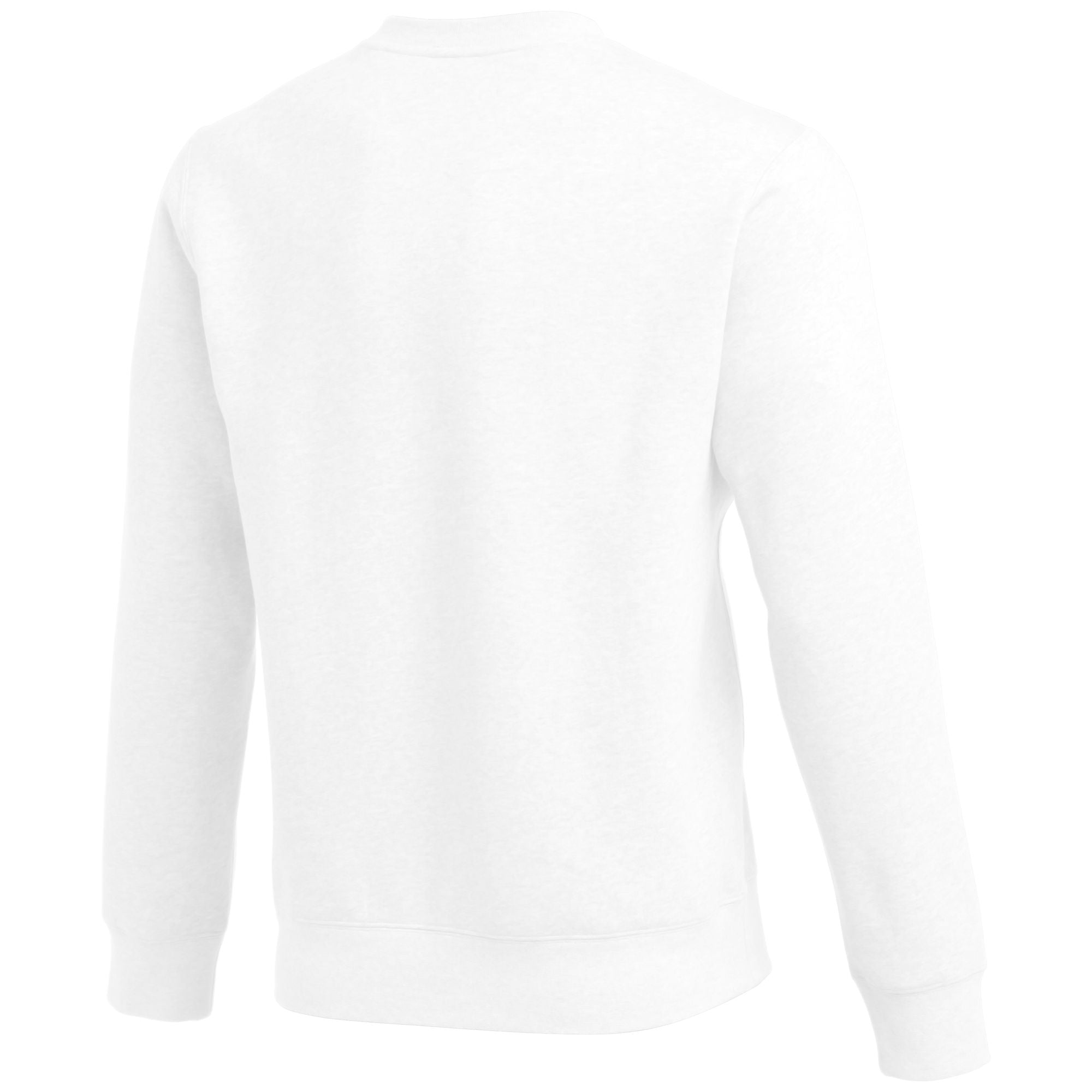 Rear view of a plain white crew neck sweatshirt with ribbed cuffs and hem.