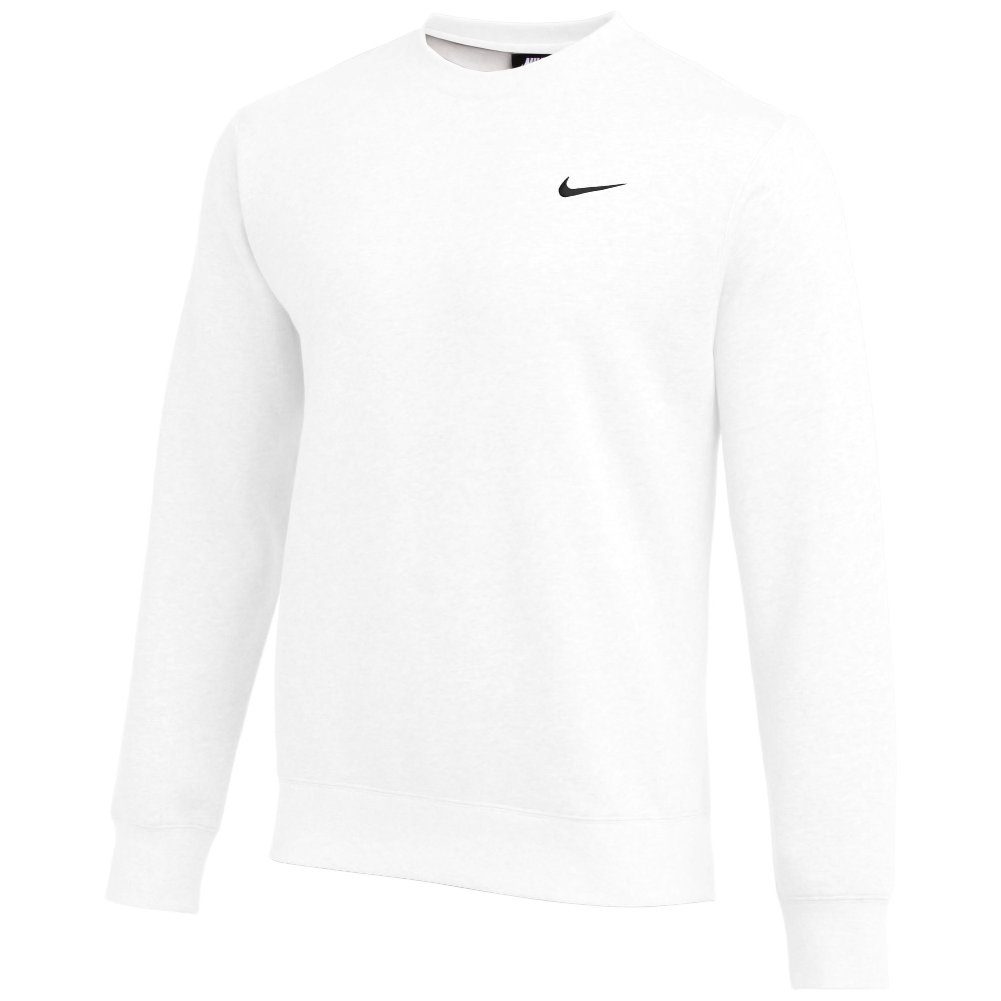 White long-sleeved crewneck Nike sweatshirt featuring a small black swoosh logo on the chest.