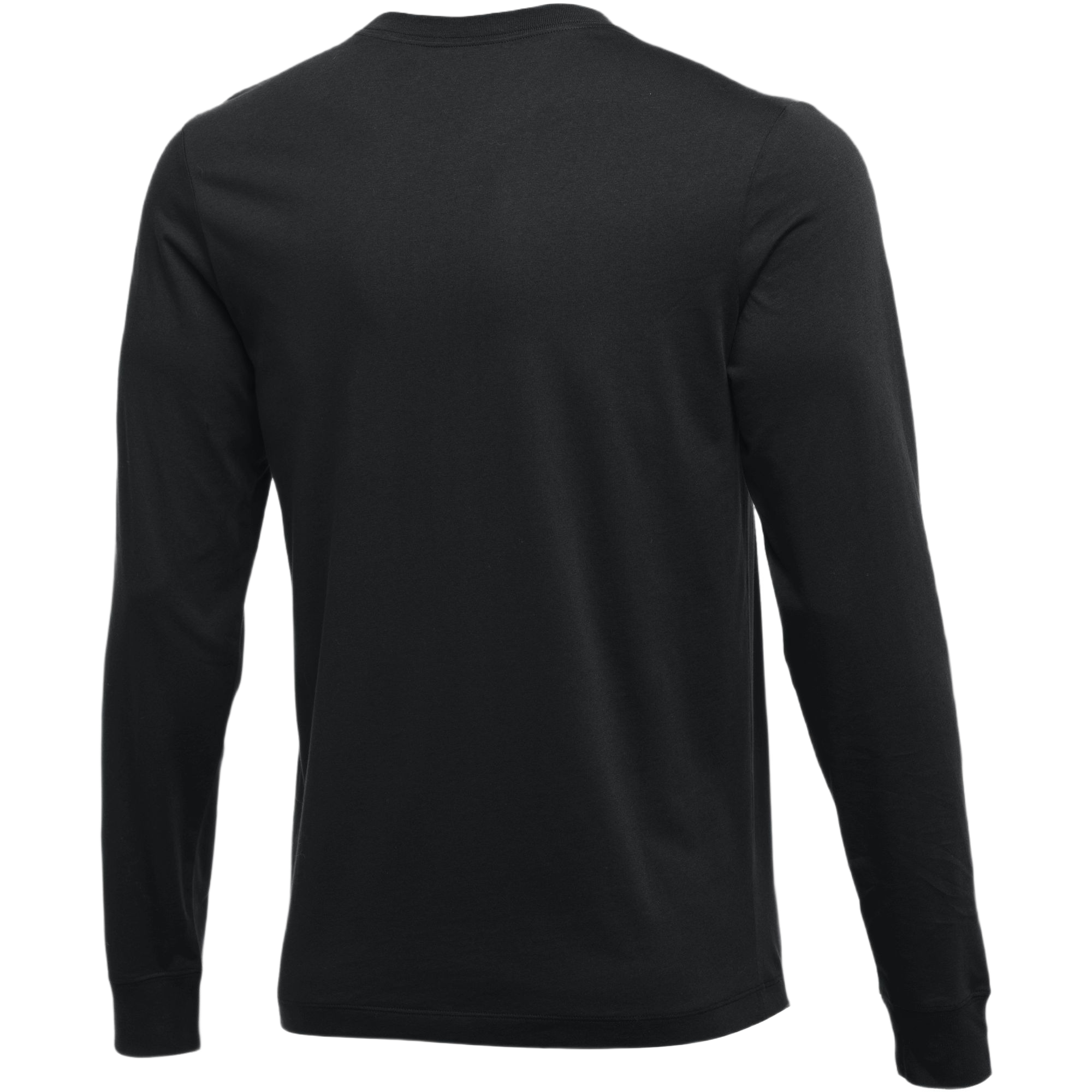Back view of a black long-sleeved crew neck t-shirt with ribbed cuffs.
