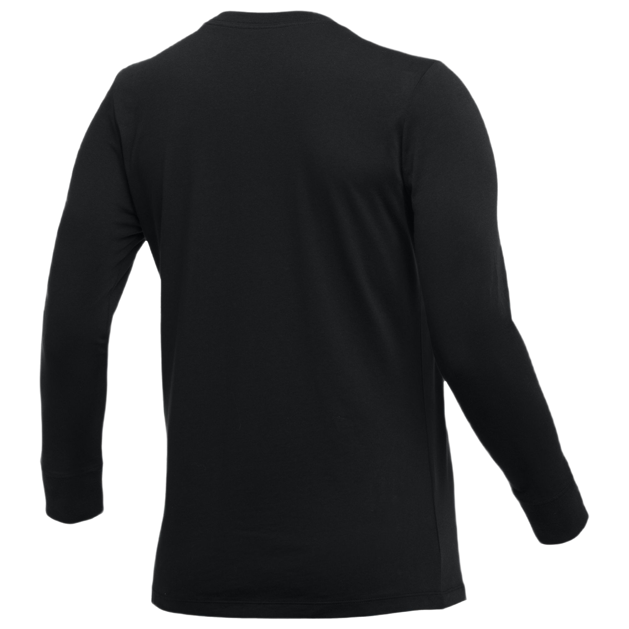 Back view of a plain black long-sleeved shirt with ribbed cuffs and a crew neckline against a white background.