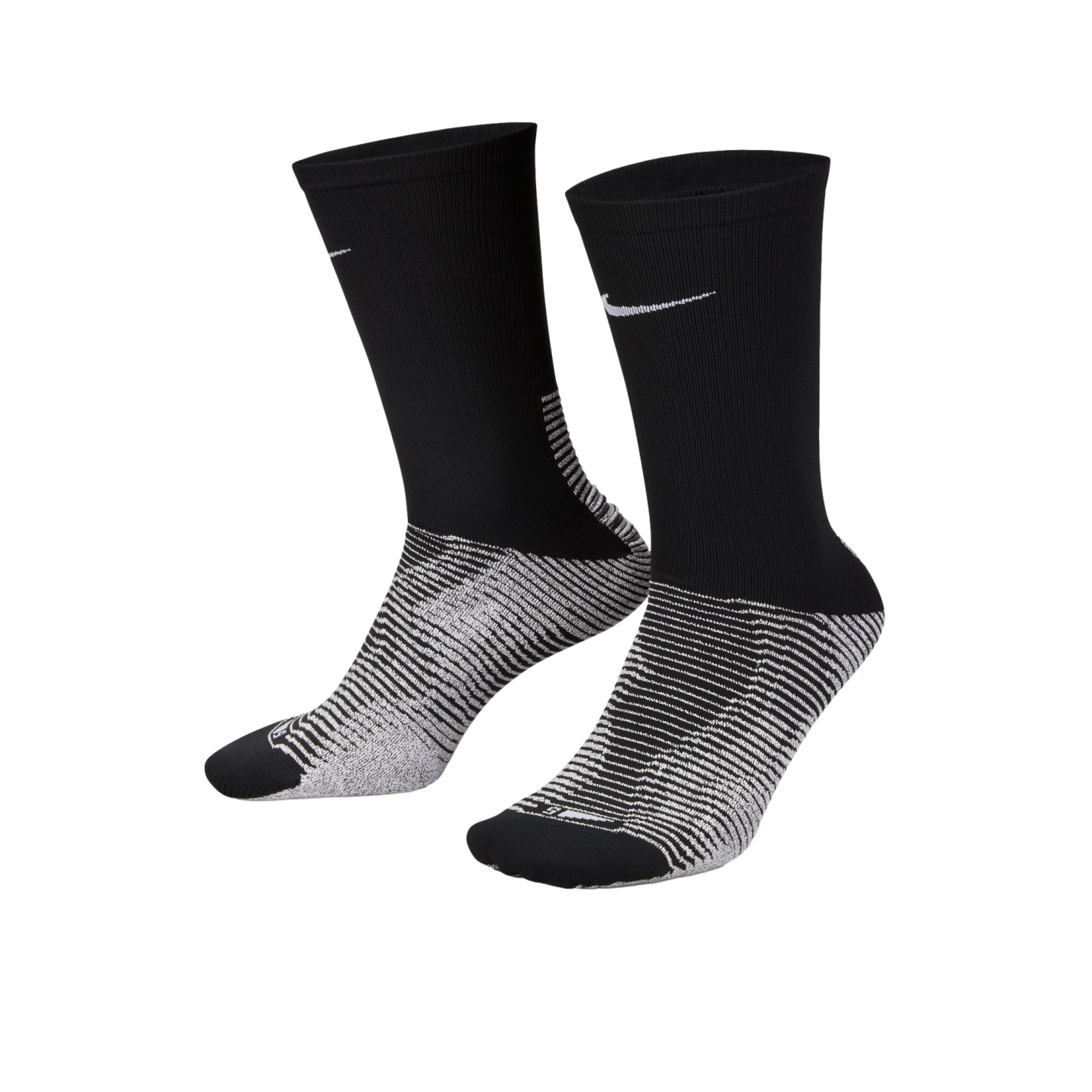 Black crew socks with a white Nike swoosh and textured black and white striped patterns across the feet.