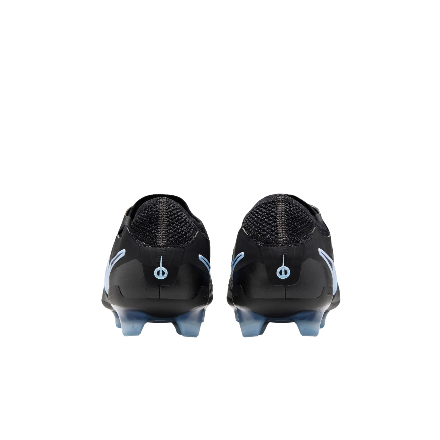 Rear view of black soccer cleats with light blue logos on the heels and translucent blue studs against a black background.
