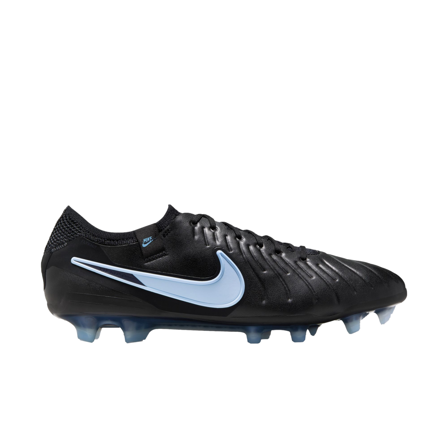 Side profile of a black Nike soccer cleat featuring a light blue swoosh and translucent blue studs, set against a solid black background.