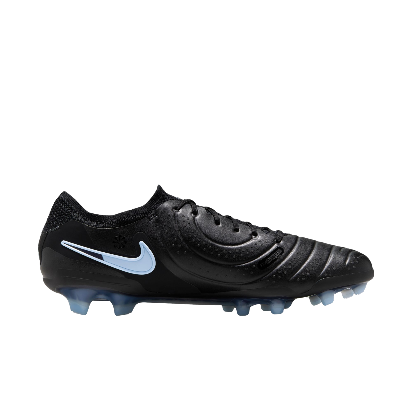 Side profile of a black Nike soccer cleat featuring a light blue swoosh and translucent blue studs against a black background.