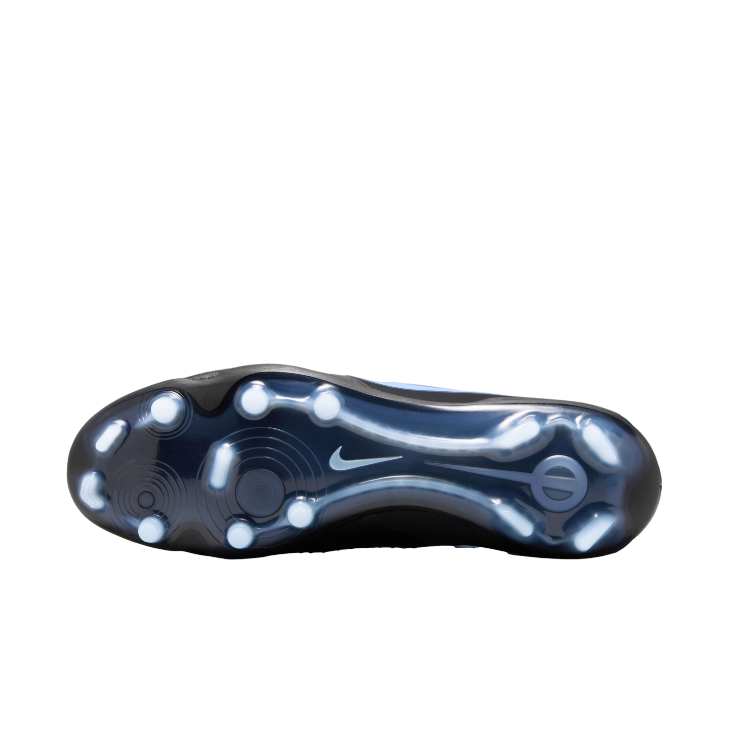 The bottom view of a black Nike football boot with translucent light blue studs against a black background.