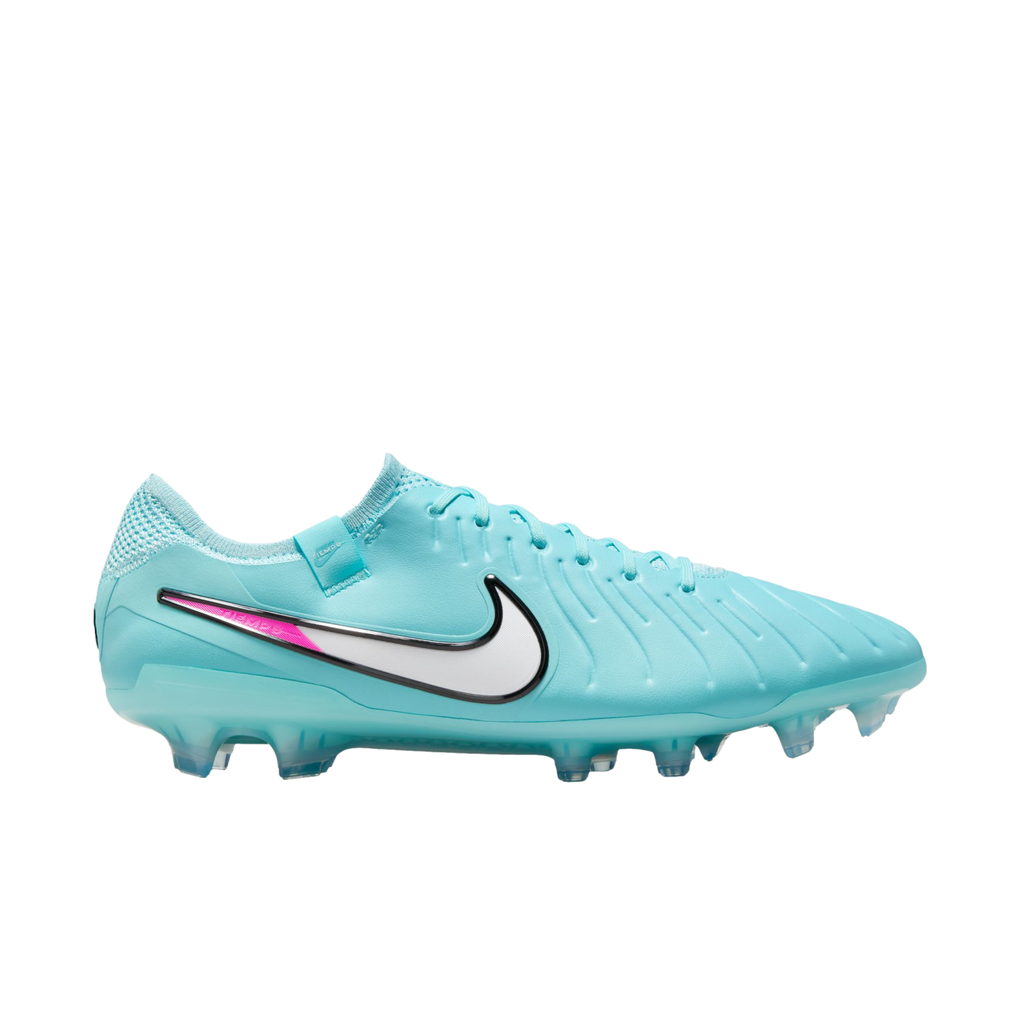 Side profile of a light blue Nike Tiempo soccer cleat with a white swoosh and pink accents against a white background.