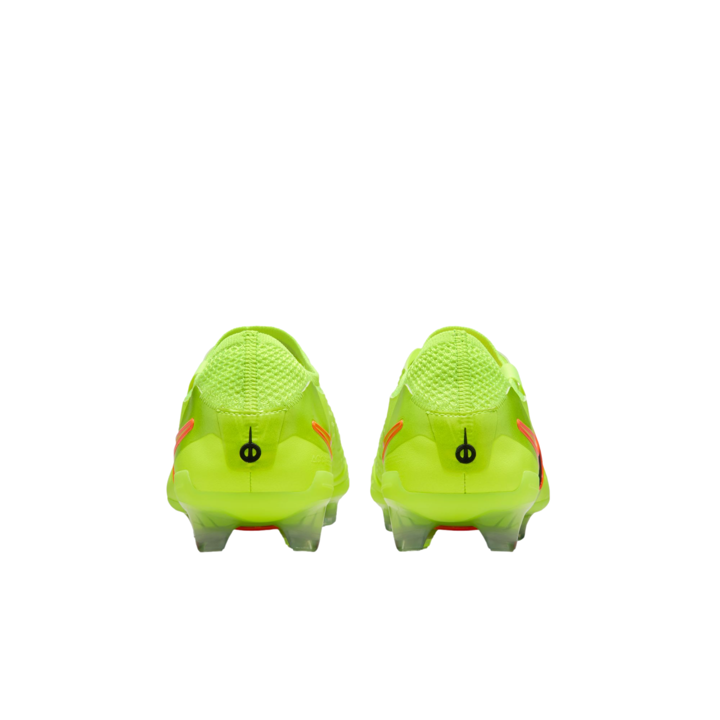 Back view of a pair of bright neon yellow soccer cleats with orange accents, isolated on a black background.