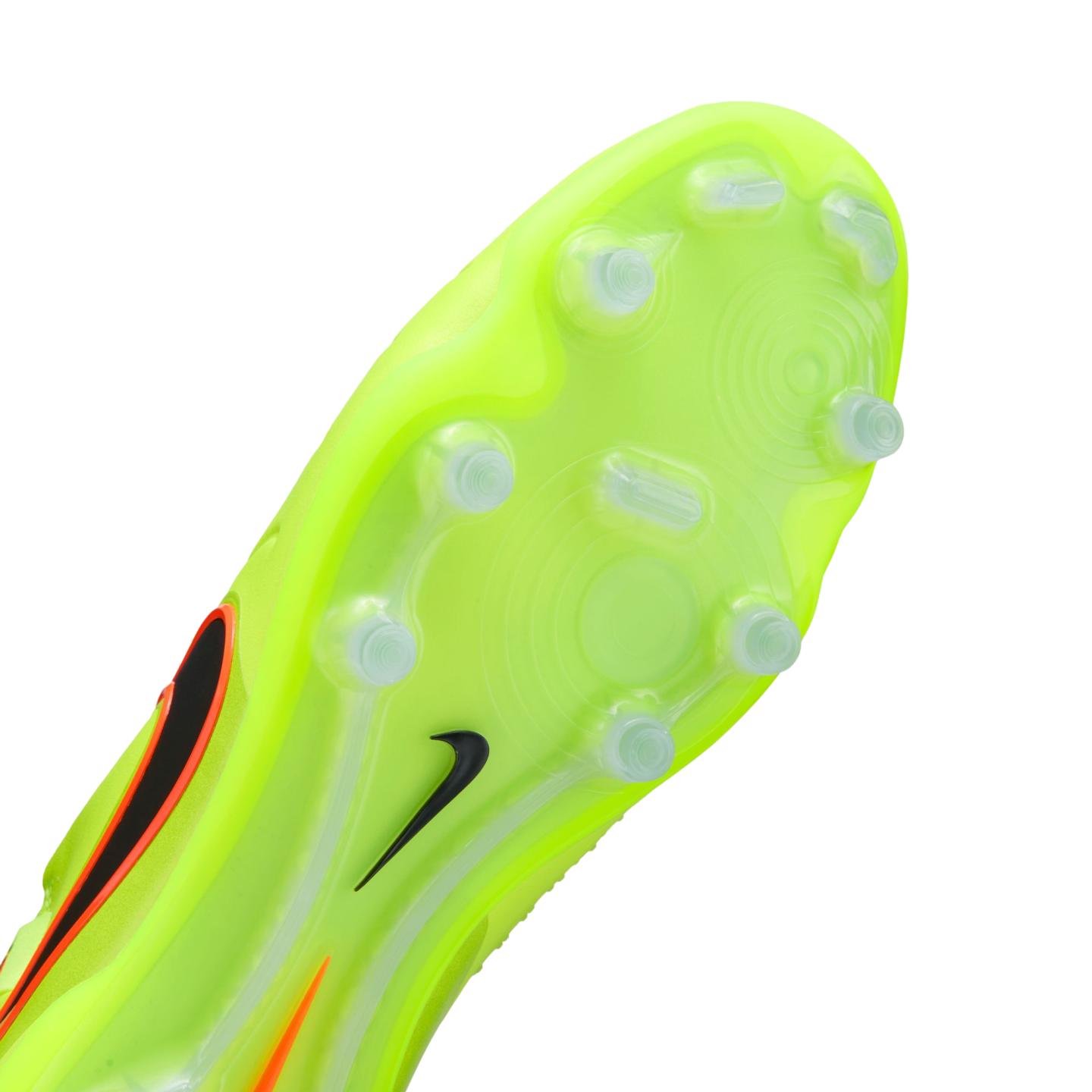 Neon yellow sole of a Nike soccer cleat with translucent studs and a small black swoosh.