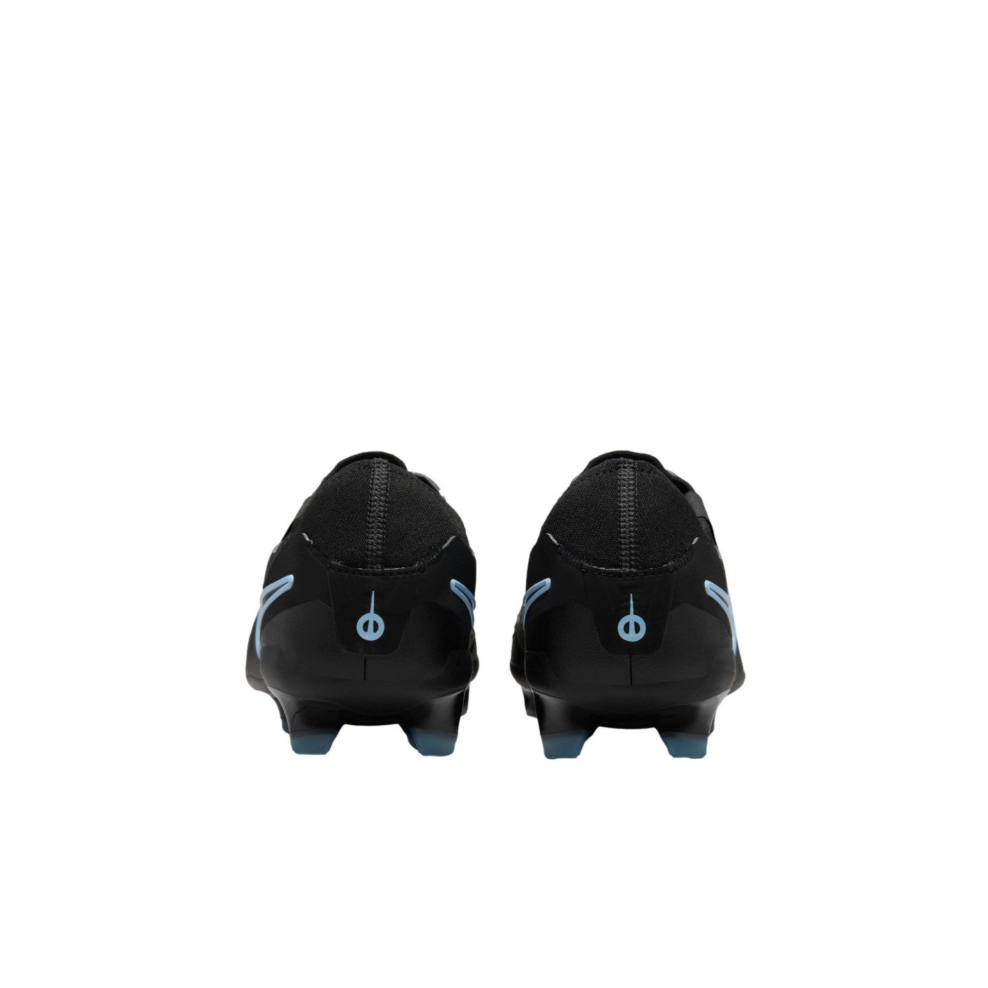 Rear view of black soccer cleats with light blue accents and logos on the heels, centered on a black background.