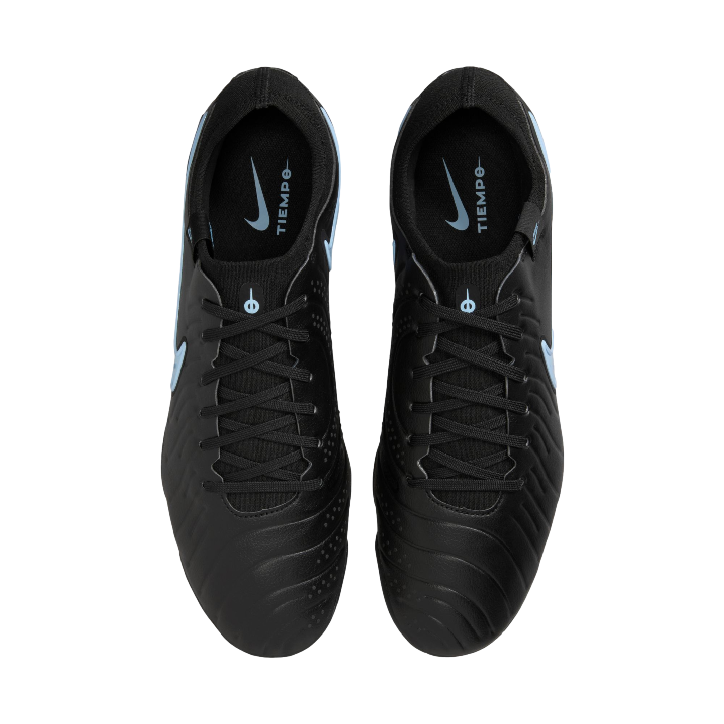 Top-down view of black Nike Tiempo soccer cleats with light blue accents and logos.
