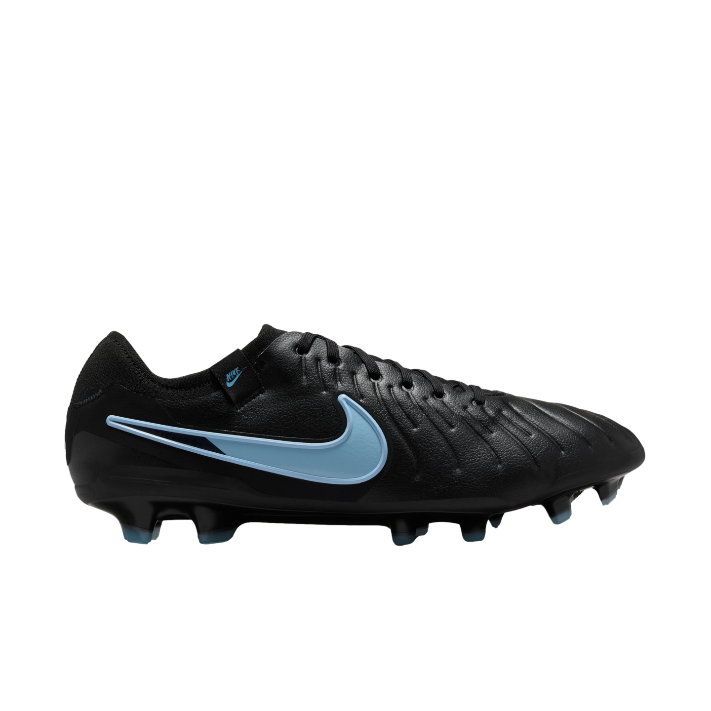 Side view of a black Nike soccer cleat with a light blue swoosh and a textured upper, set against a solid black background.
