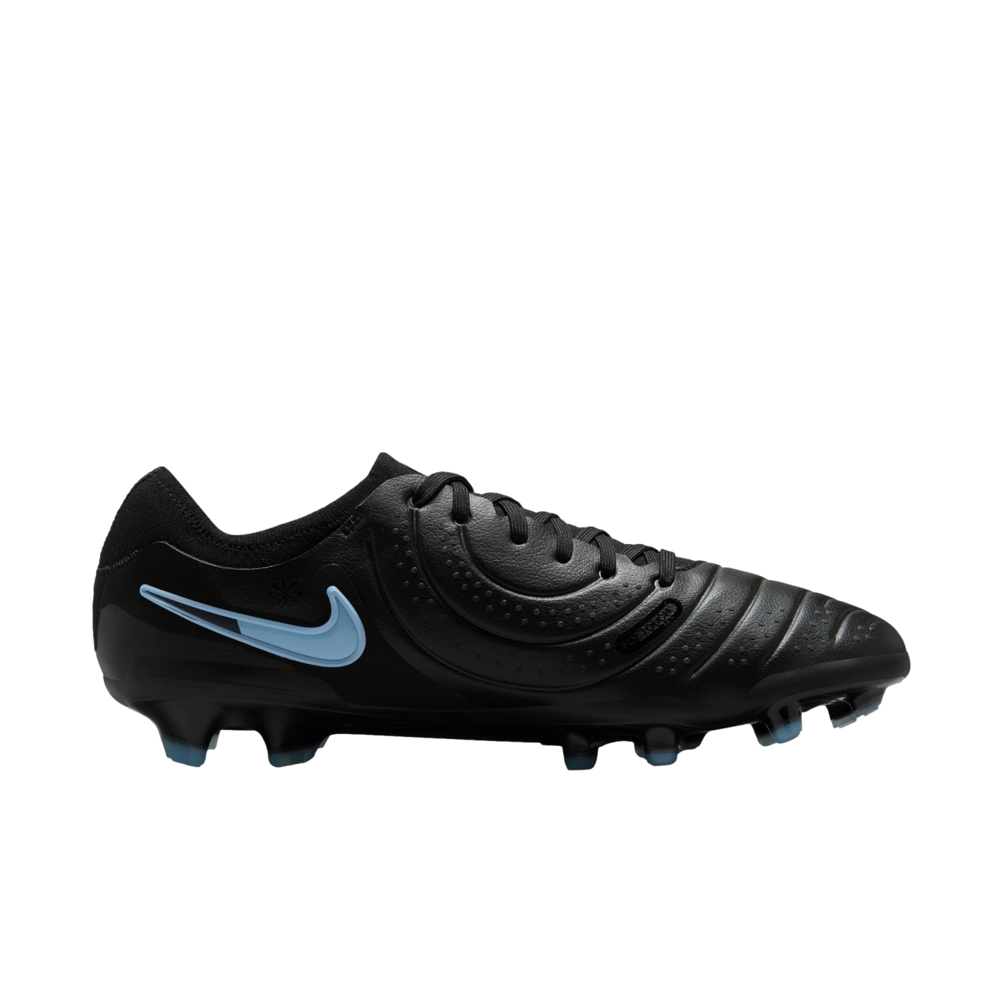 Side view of a black Nike soccer cleat with a light blue swoosh and translucent studs, set against a black background.