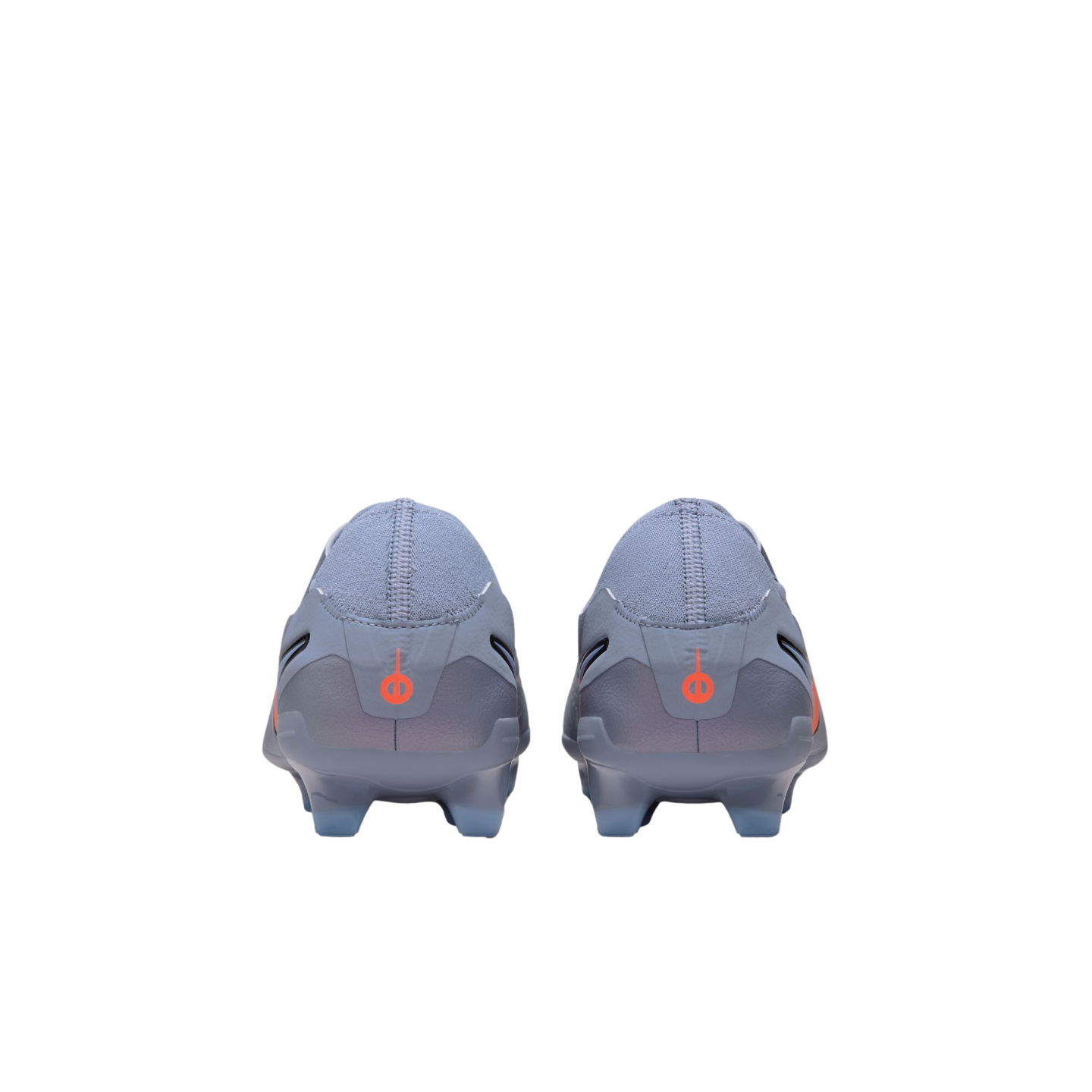 Back view of two light grey soccer cleats with small red logos on the heels, centered against a solid black background.
