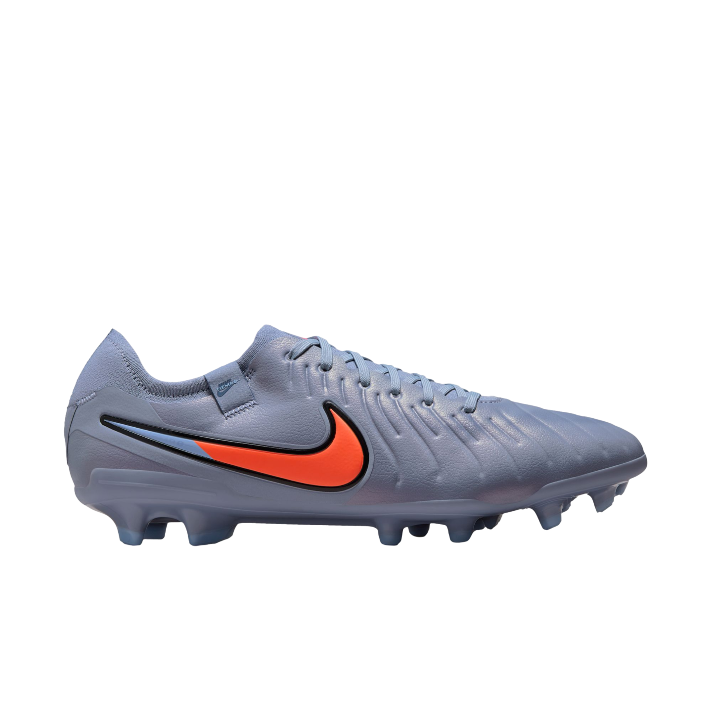 A light blue Nike Tiempo soccer cleat with a vibrant orange swoosh logo, shown in a profile view against a solid black background.