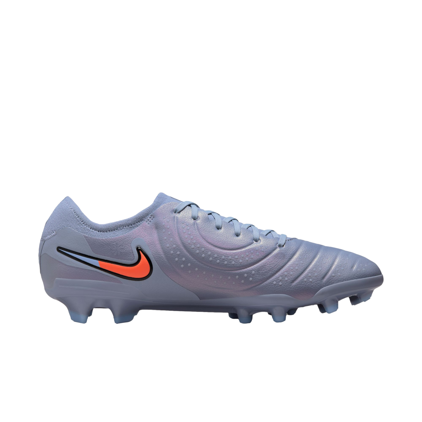 Side profile of an iridescent light blue Nike soccer cleat with a bright orange swoosh logo on a solid black background.