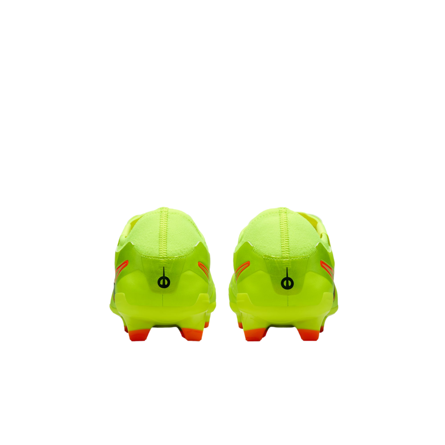Back view of a pair of neon green soccer cleats with orange studs against a black background.