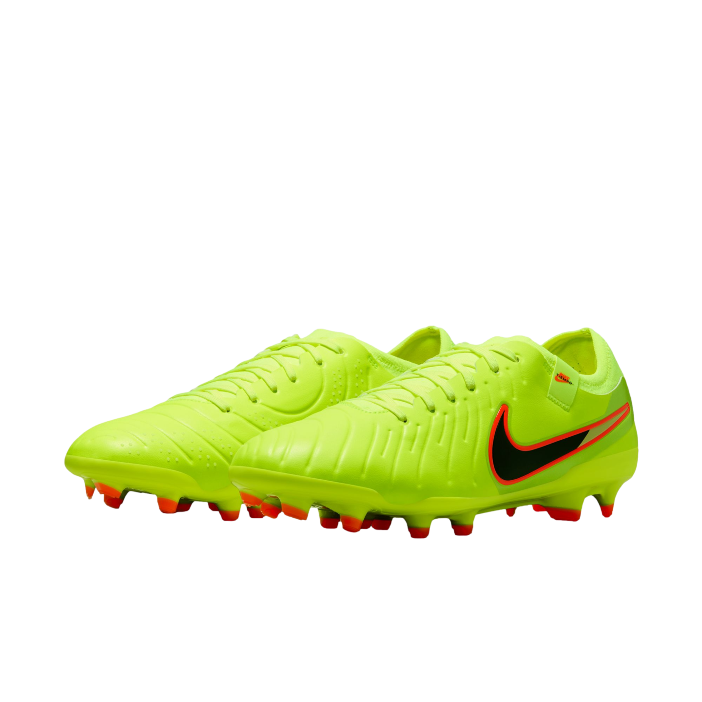 Bright neon yellow Nike soccer cleats featuring a black swoosh with a red outline and red studs, set against a solid black background.