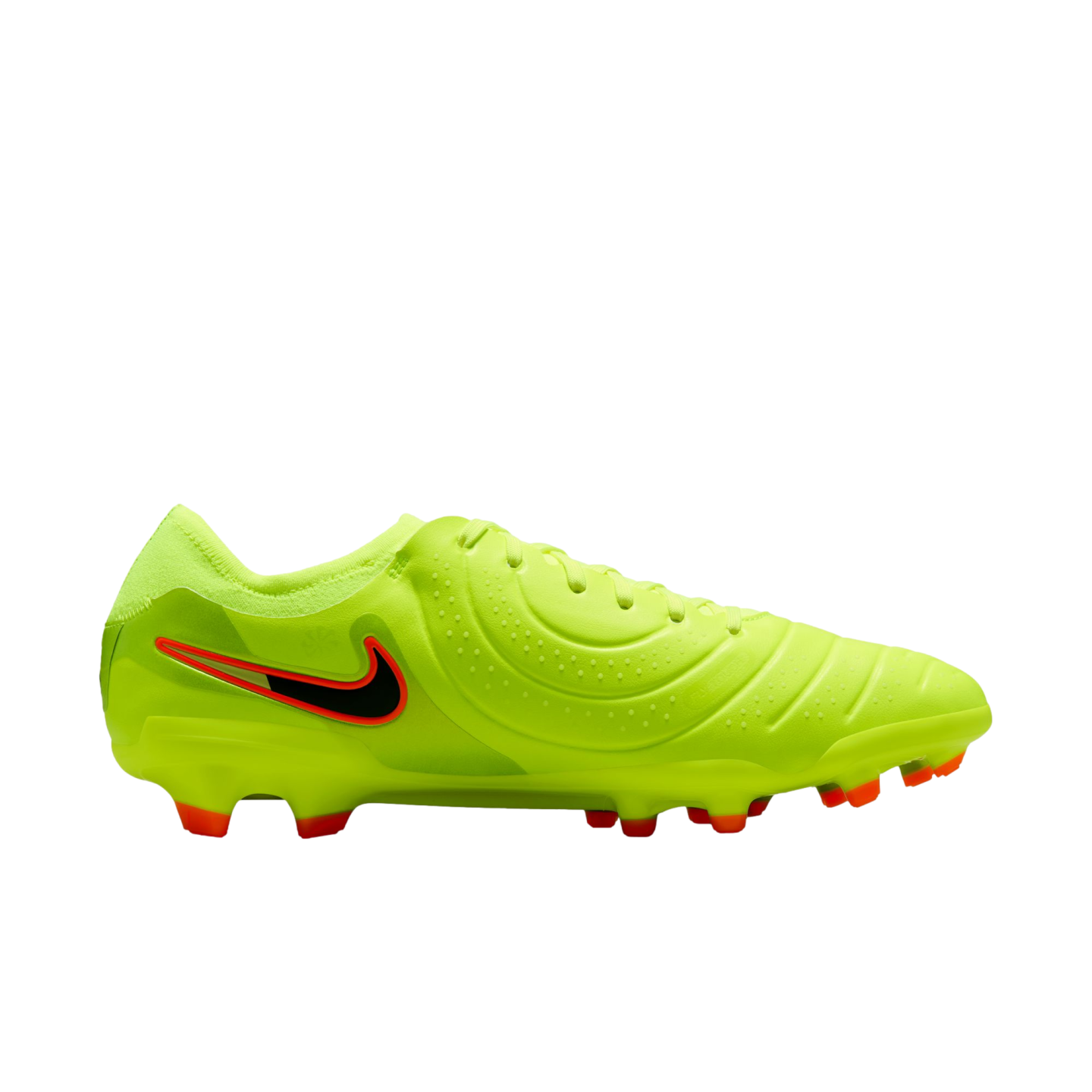 A neon yellow Nike soccer cleat with a black swoosh outlined in orange, featuring orange-tipped studs on a black background.