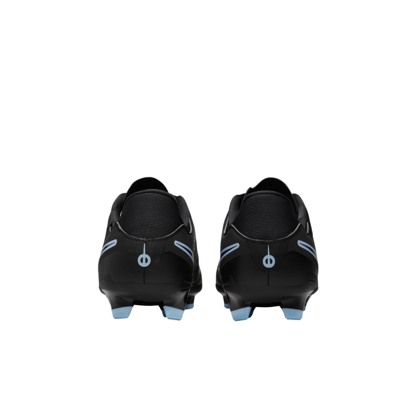 Rear view of two black soccer cleats with light blue logos and studs against a black background.