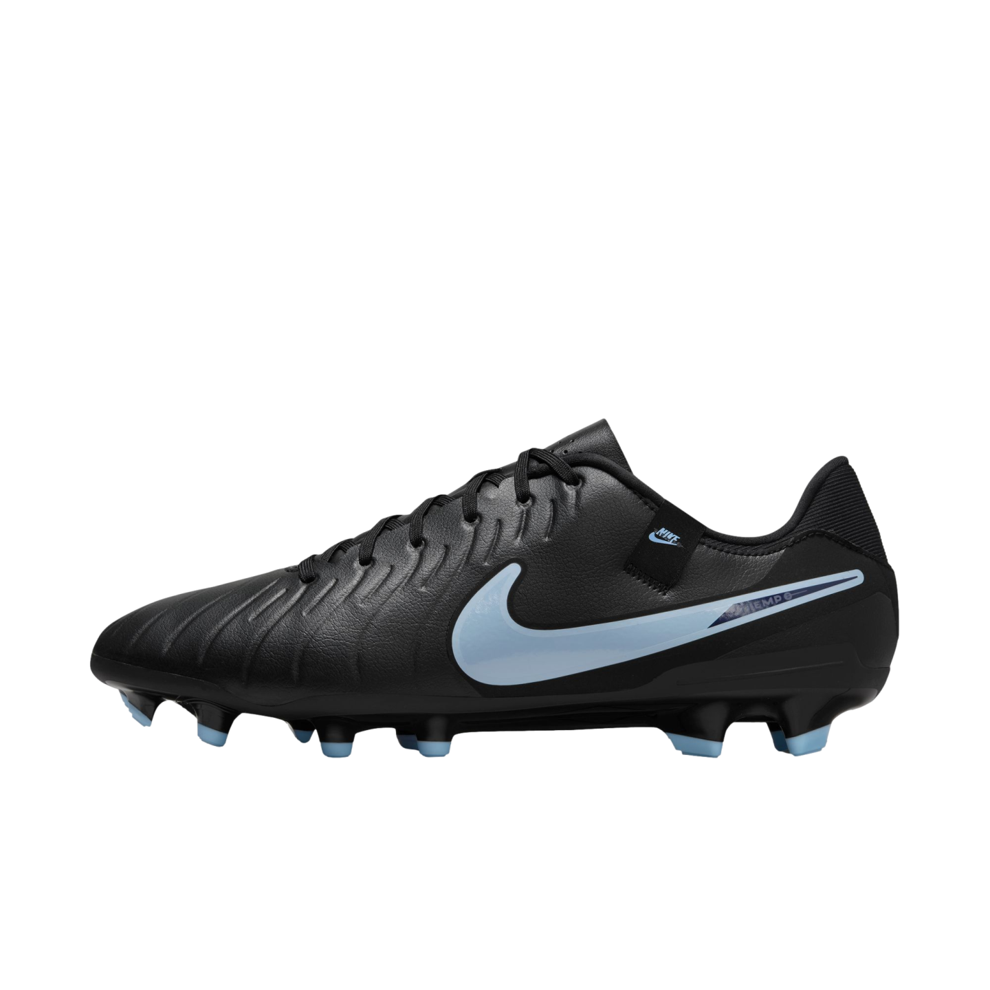 A black Nike Tiempo soccer cleat with a light blue swoosh and blue-tipped studs, set against a black background.