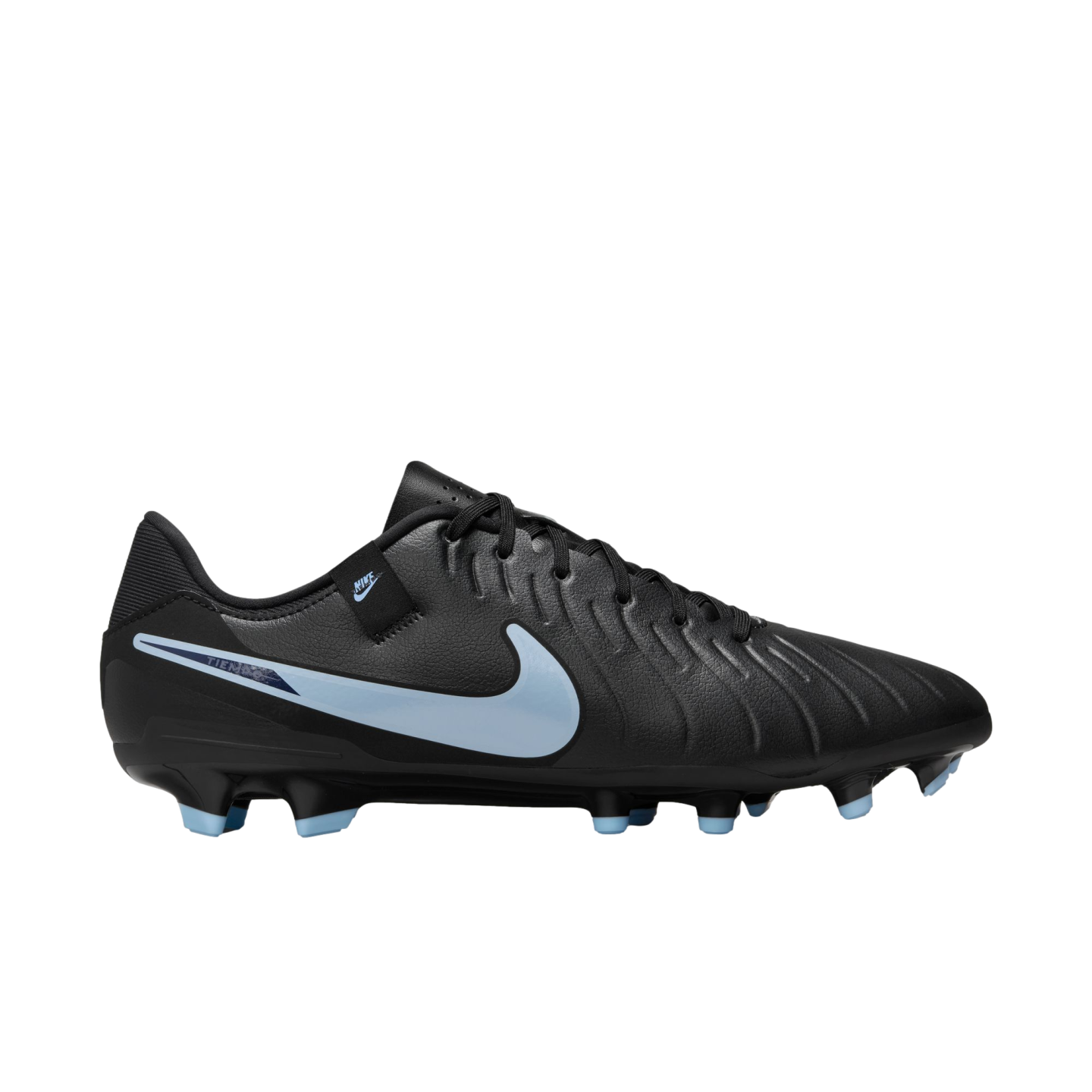 Profile view of a black Nike Tiempo soccer cleat with a light blue swoosh and stud tips, set against a black background.