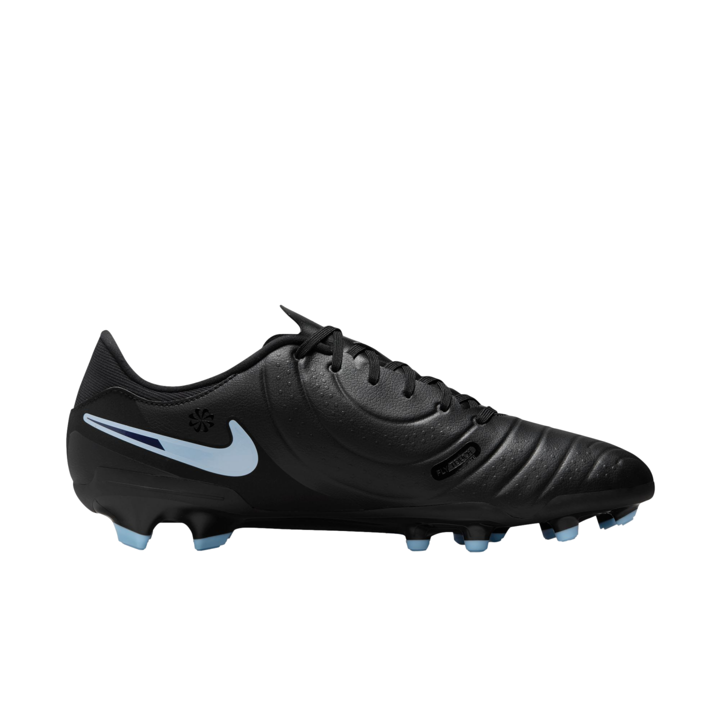 Side view of a black Nike soccer cleat featuring a light blue swoosh and light blue tipped studs, set against a solid black background.