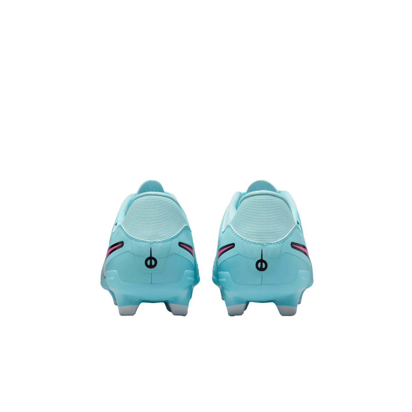 Rear view of a pair of light blue soccer cleats with a circular logo on the heels and pink accents.