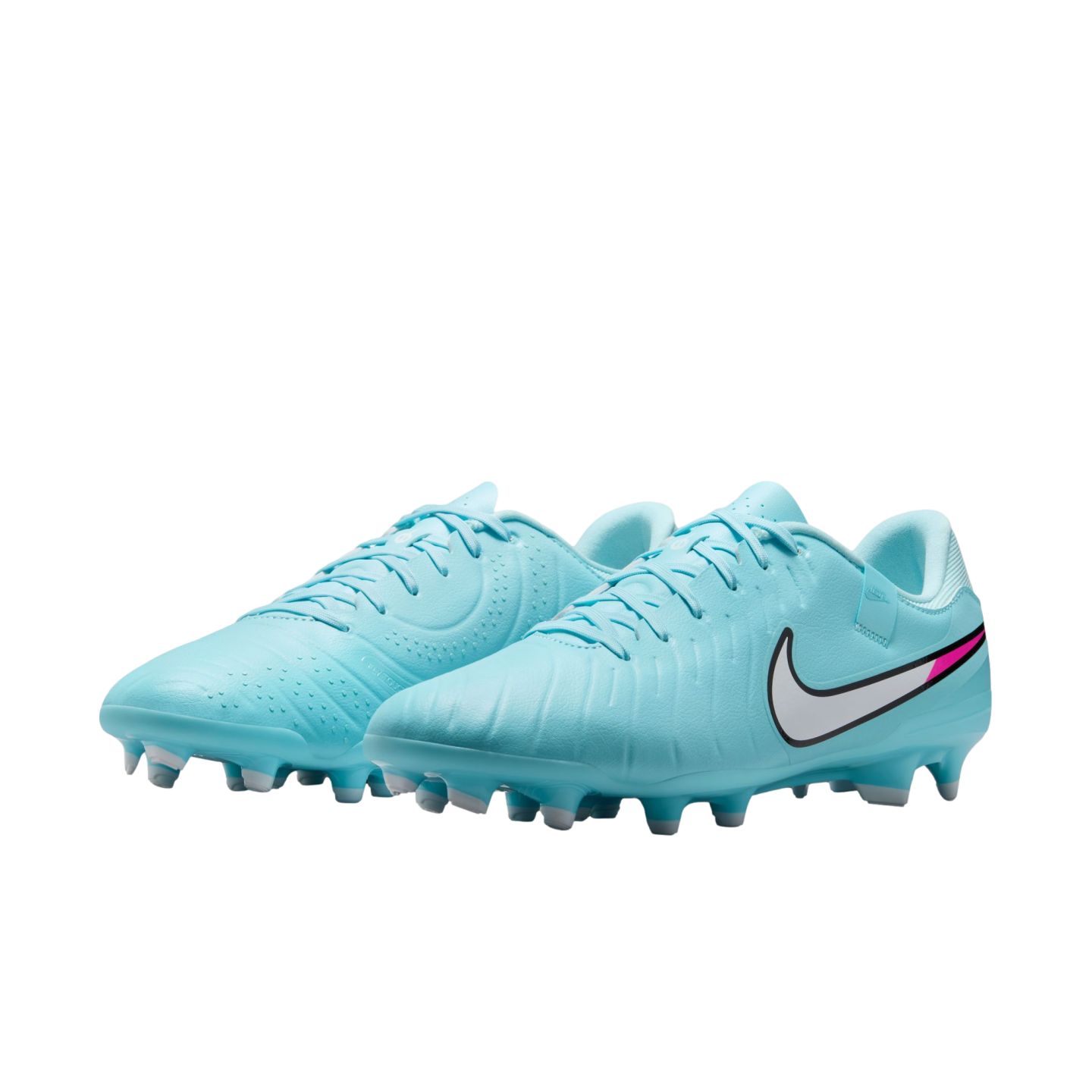 A pair of light blue Nike soccer cleats with white swooshes and pink accents, set against a plain white background.