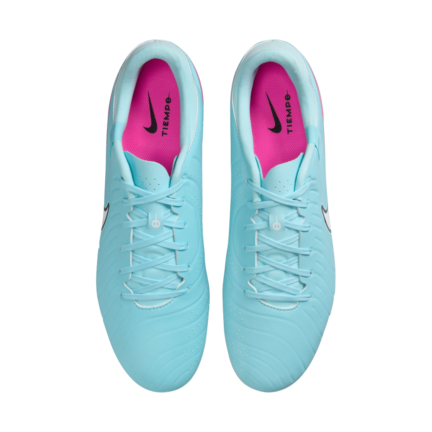 Overhead view of a pair of light blue Nike Tiempo soccer cleats with bright pink interior lining and matching blue laces.