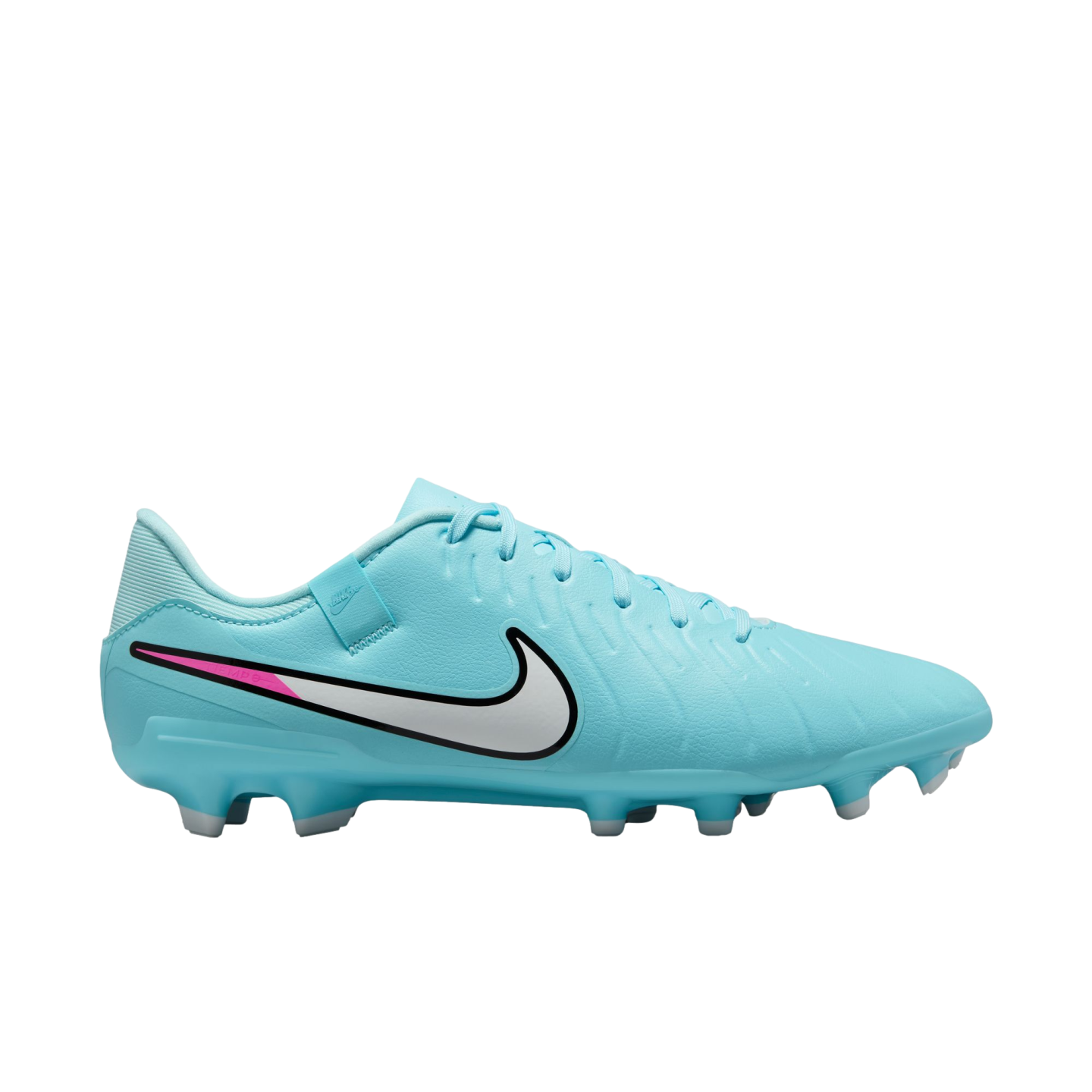 Light blue Nike soccer cleat shown in profile, featuring a white swoosh with a pink accent stripe and grey studs.
