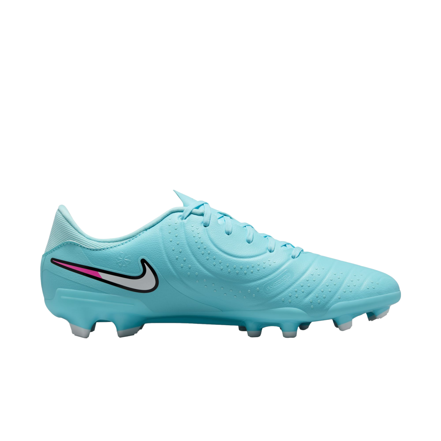 A light blue Nike soccer cleat with a white and pink swoosh logo, featuring a textured upper and molded studs.