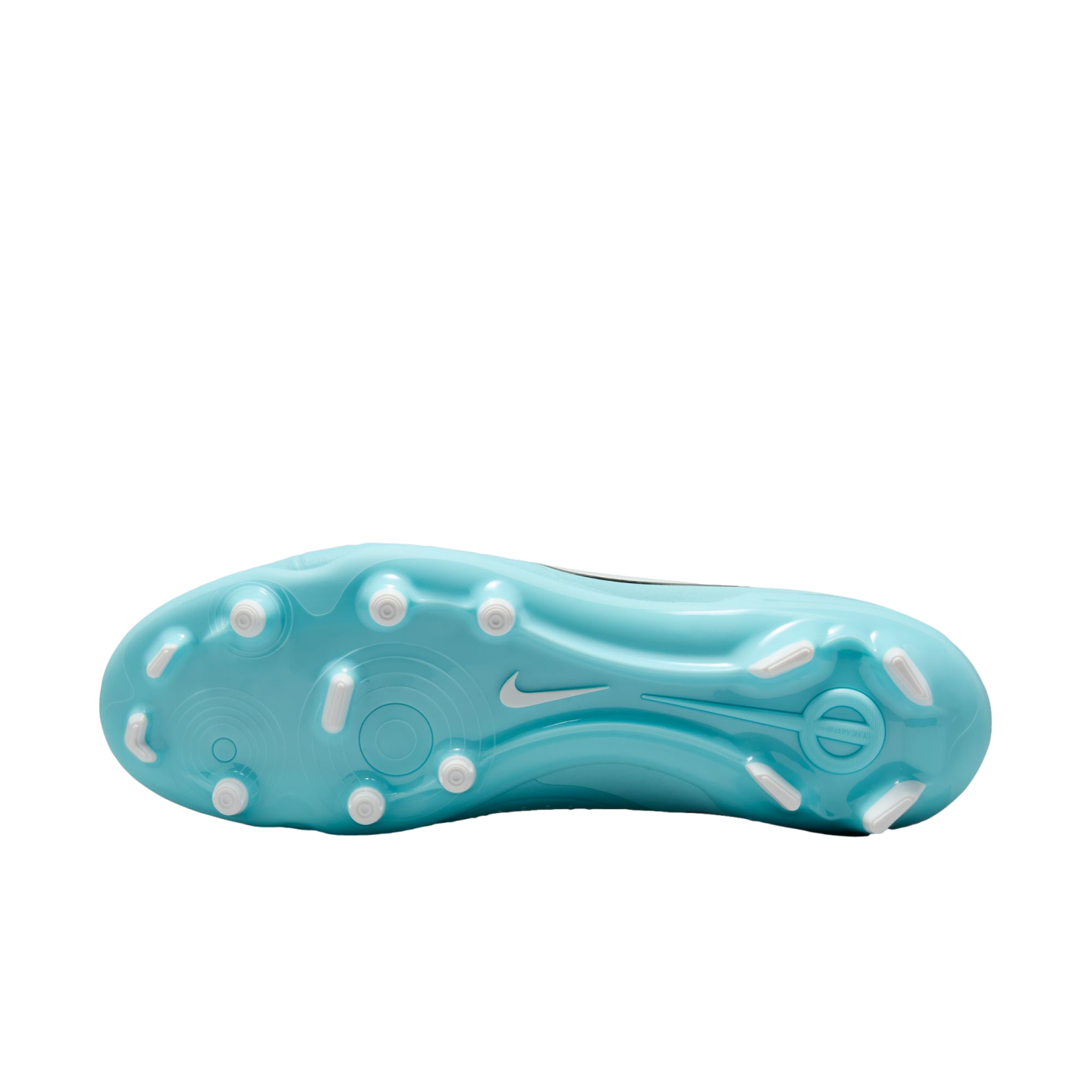 The sole of a light blue Nike soccer cleat, featuring white circular and bladed studs, set against a plain white background.