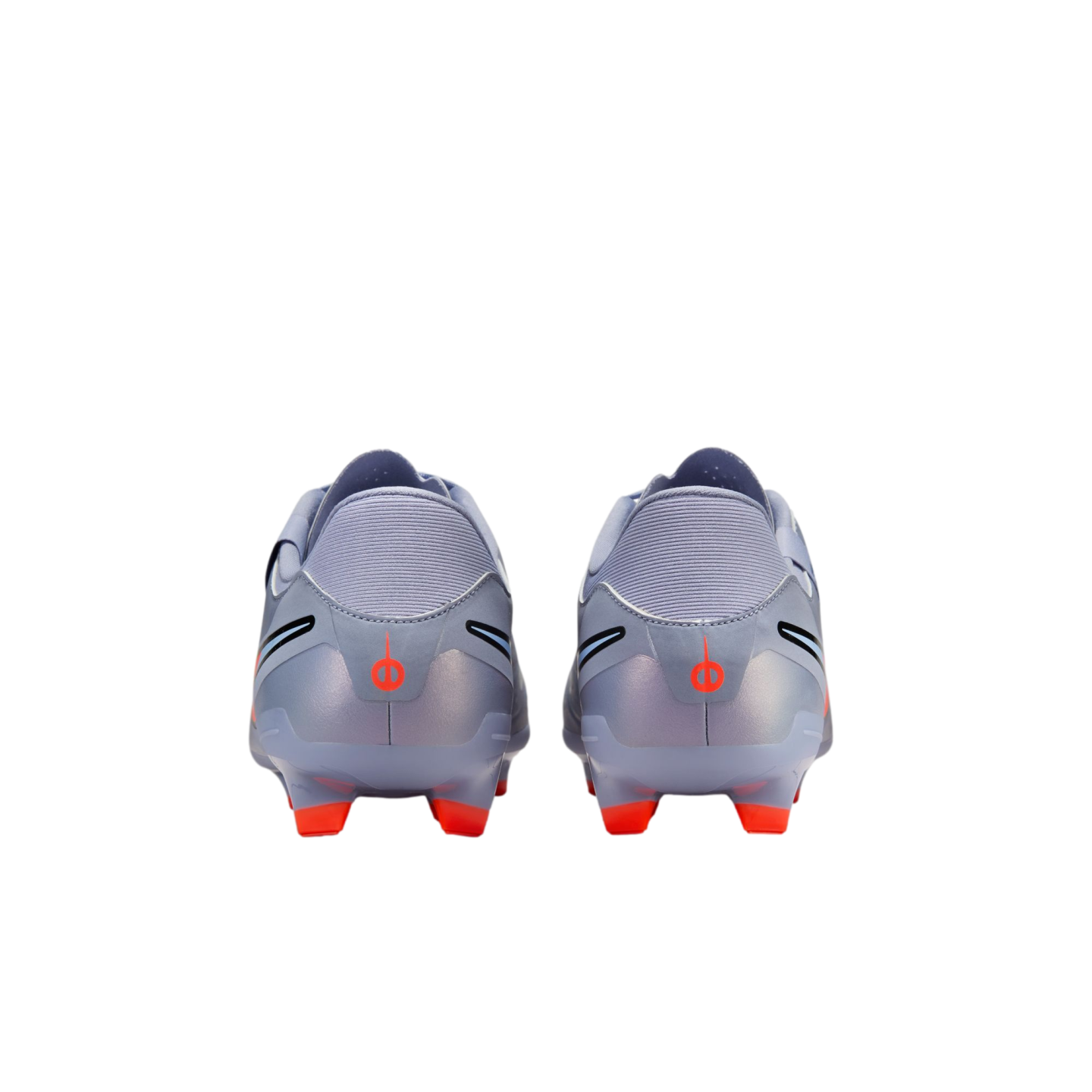 Rear view of a pair of light lavender soccer cleats with metallic heels, orange studs, and small orange logos, isolated against a black background.