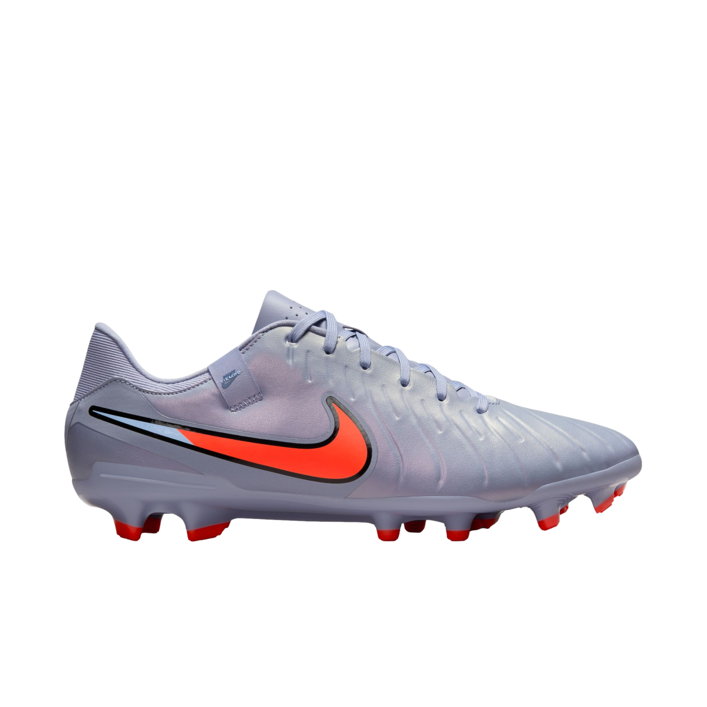 Light purple Nike soccer cleat featuring a large bright orange swoosh and matching red studs against a solid black background.