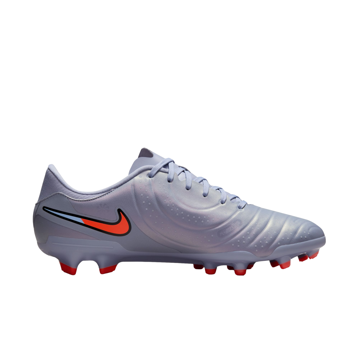 Lavender Nike soccer cleat with a pearlescent finish, featuring an orange swoosh and bright red studs on a black background.