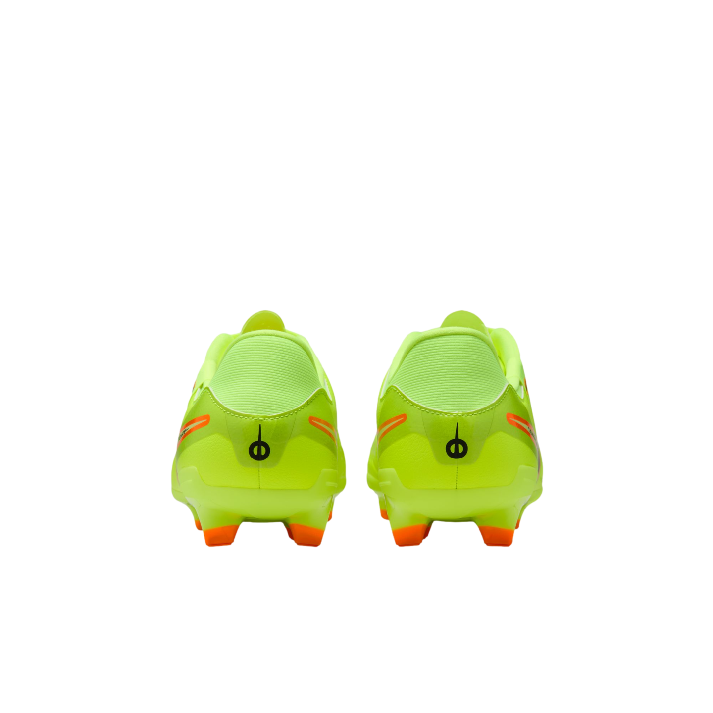 Rear view of a pair of lime green soccer cleats with orange studs and accents, against a black background.
